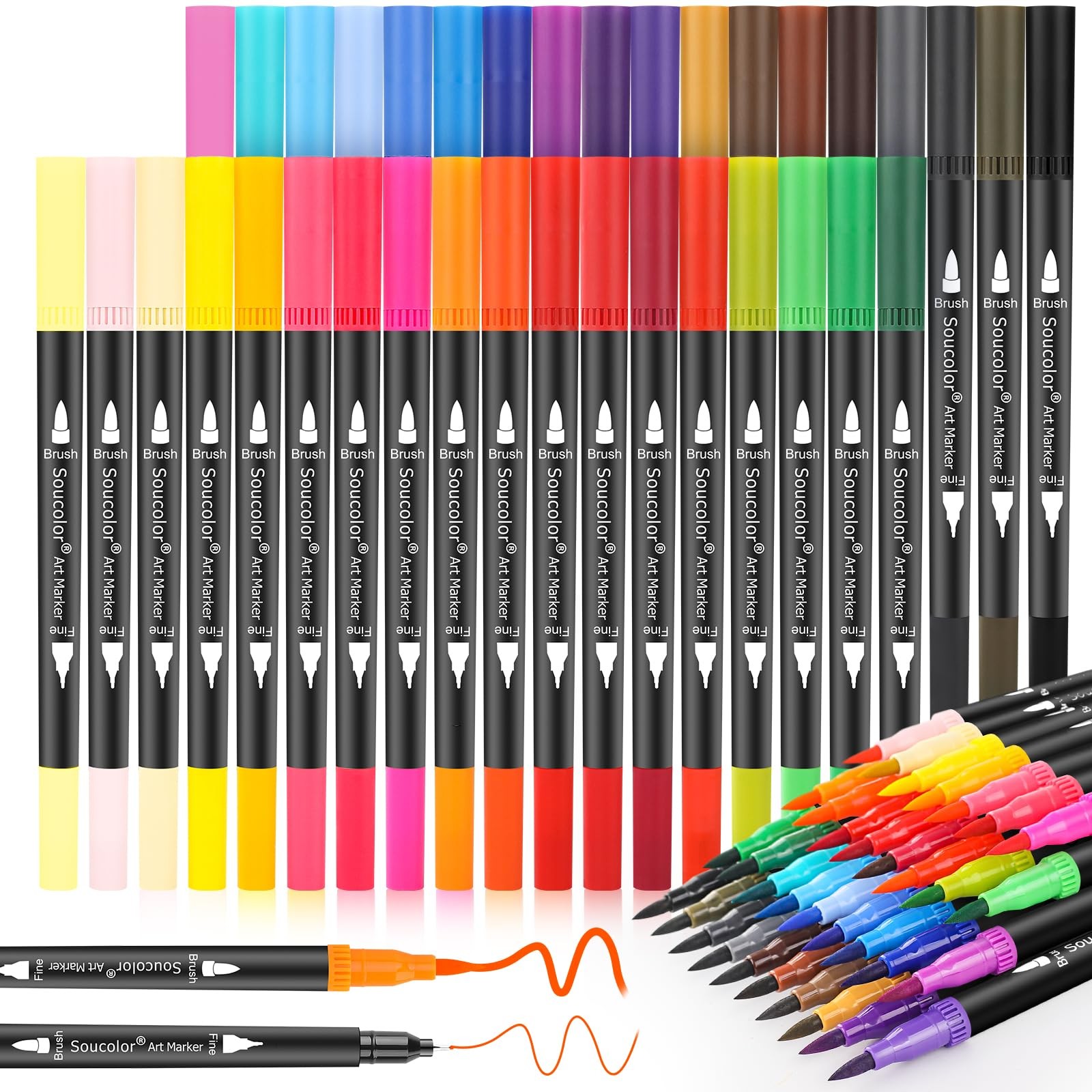 Soucolor Art Brush Markers Pens for Adult 34 Count (Pack of 1), 36 Color