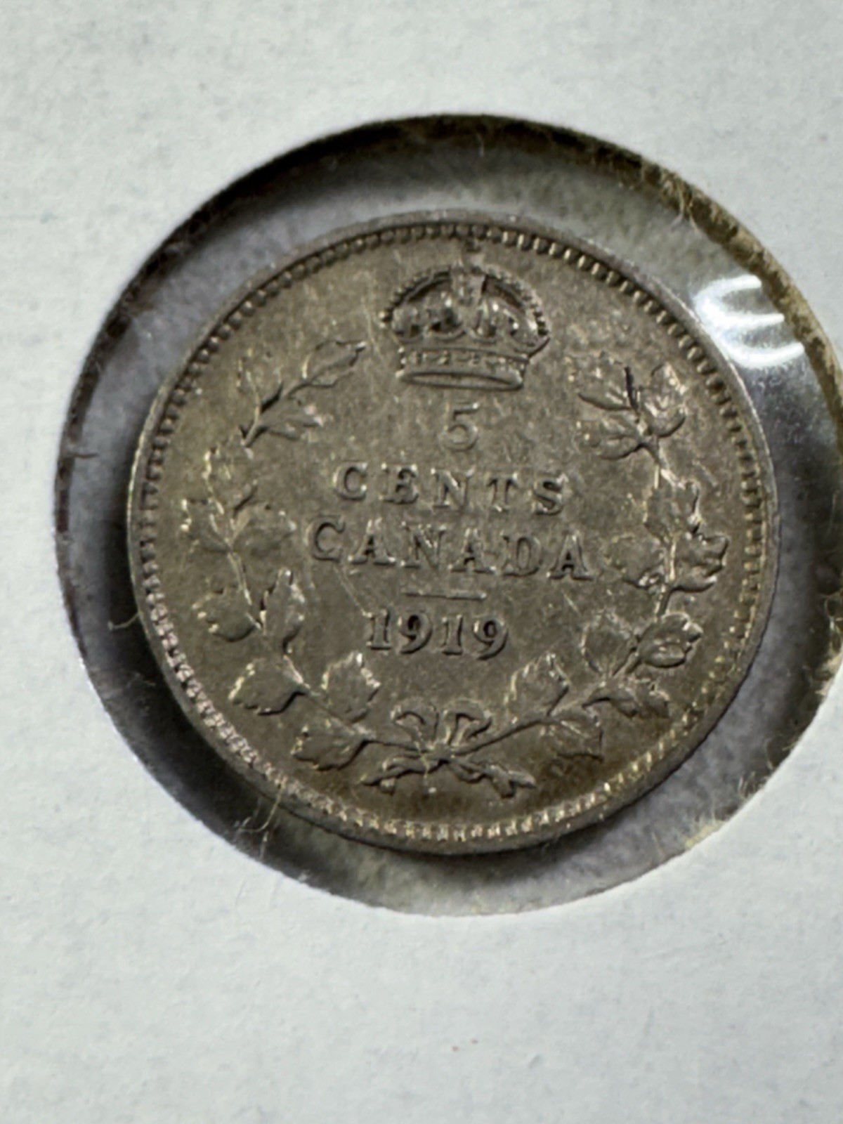 1919 Canada 5 Cents Small Silver Coin Cleaned