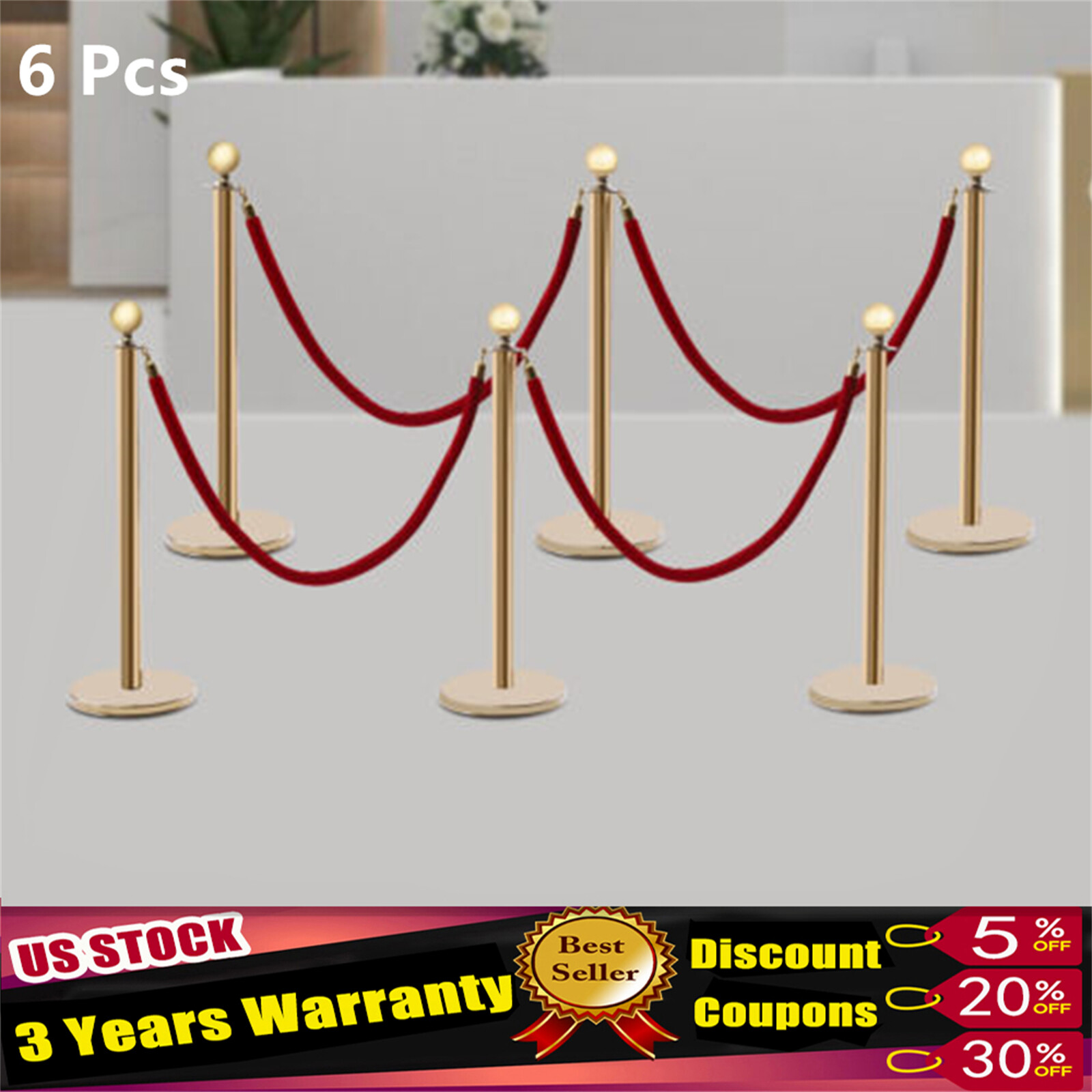 6Pcs Golden Stanchion Posts w/ 4 Velvet Ropes Crowd Control Queue Pole Barrier!