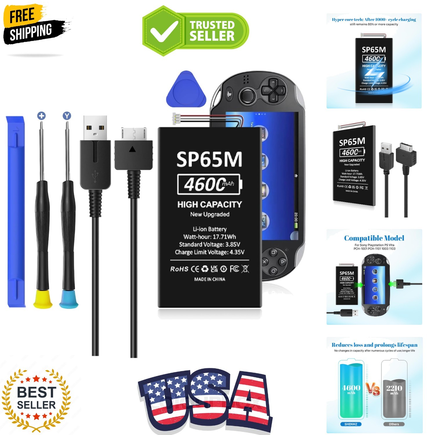 PS Vita 1000 Battery Replacement Kit High Capacity SP65M Battery & Charger Ca...