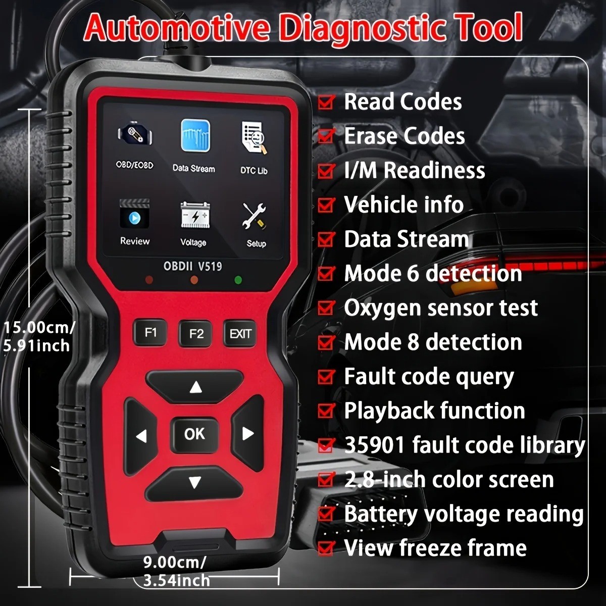 2026 V519 OBD2 Scanner Car Code Reader Check Engine Fault Diagnostic Tool OBDII