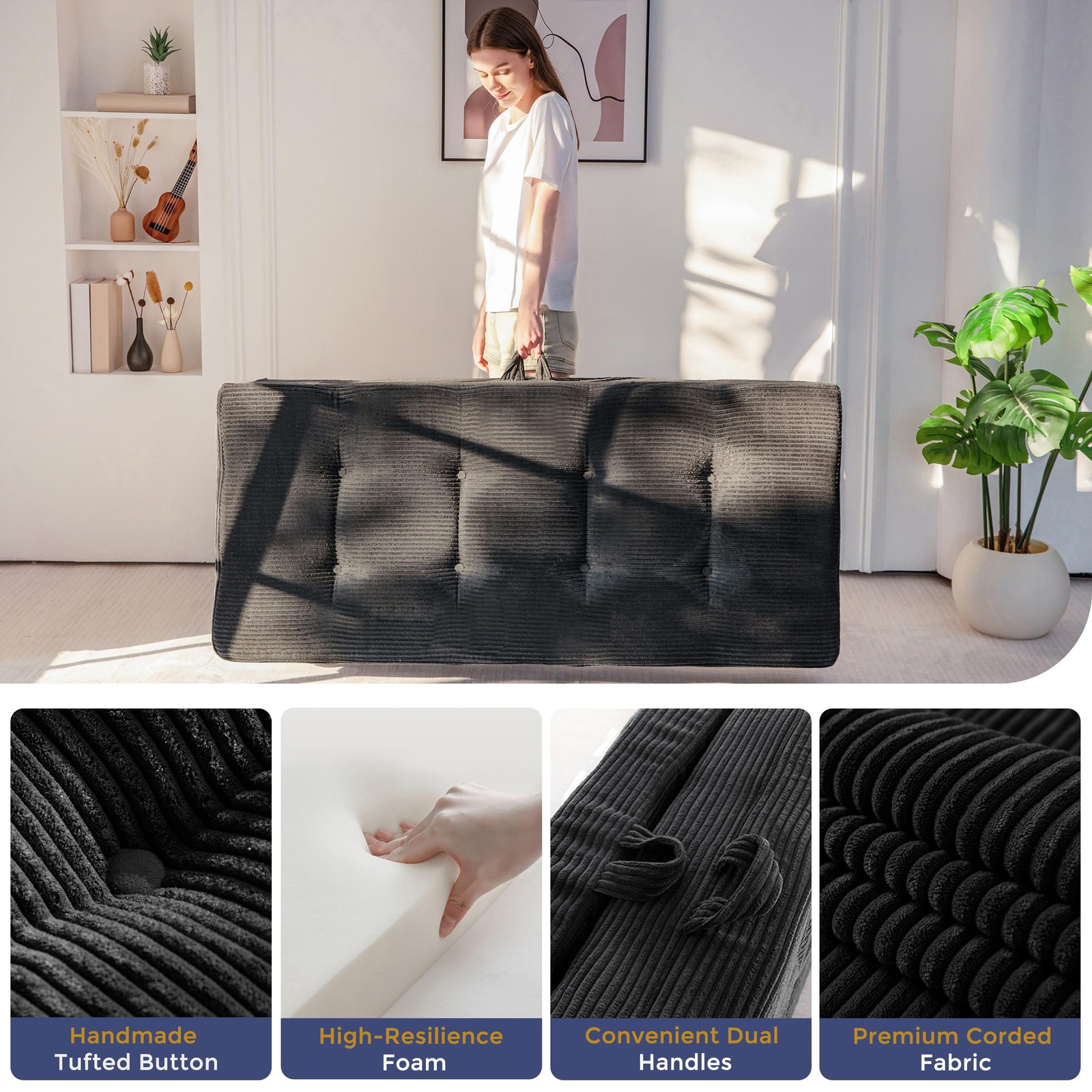Foldable Sofa Couch Bed, 4 Inch Tufted Folding Mattress, Portable Floor Couch...