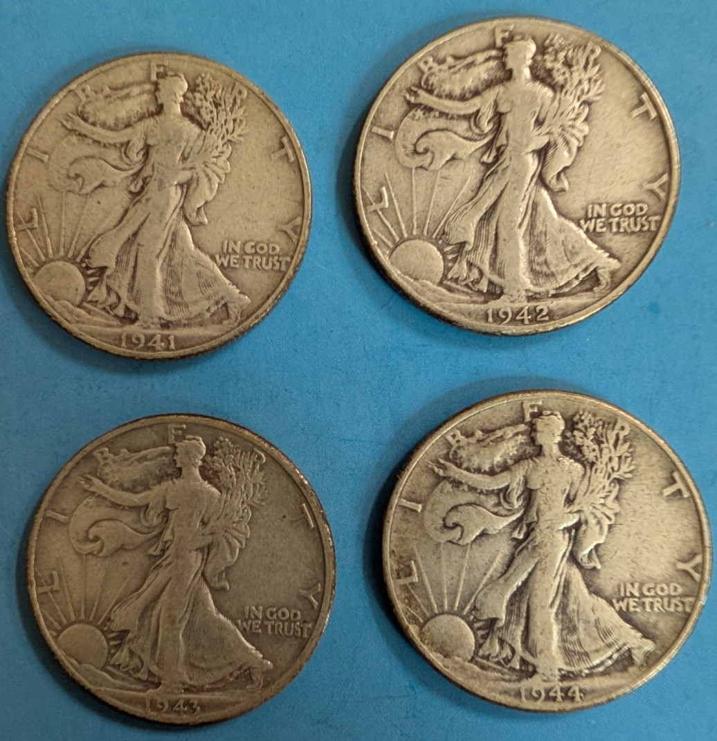 4 WALKING LIBERTY HALF DOLLARS; 1941, 1942, 1943 D, 1944; 90 % SILVER