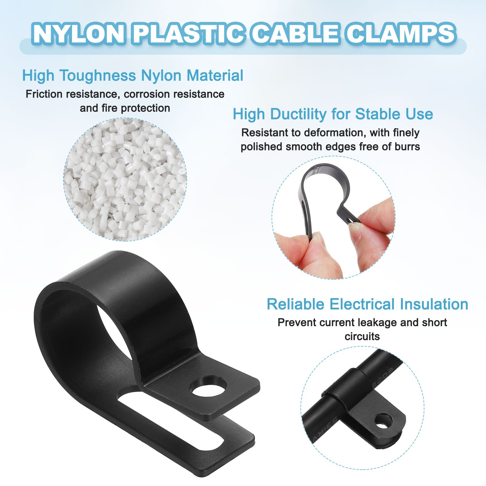 Nylon Plastic Cable Clamps 3/4 Inch, 25 Pcs R-Type Cable Clips, Black