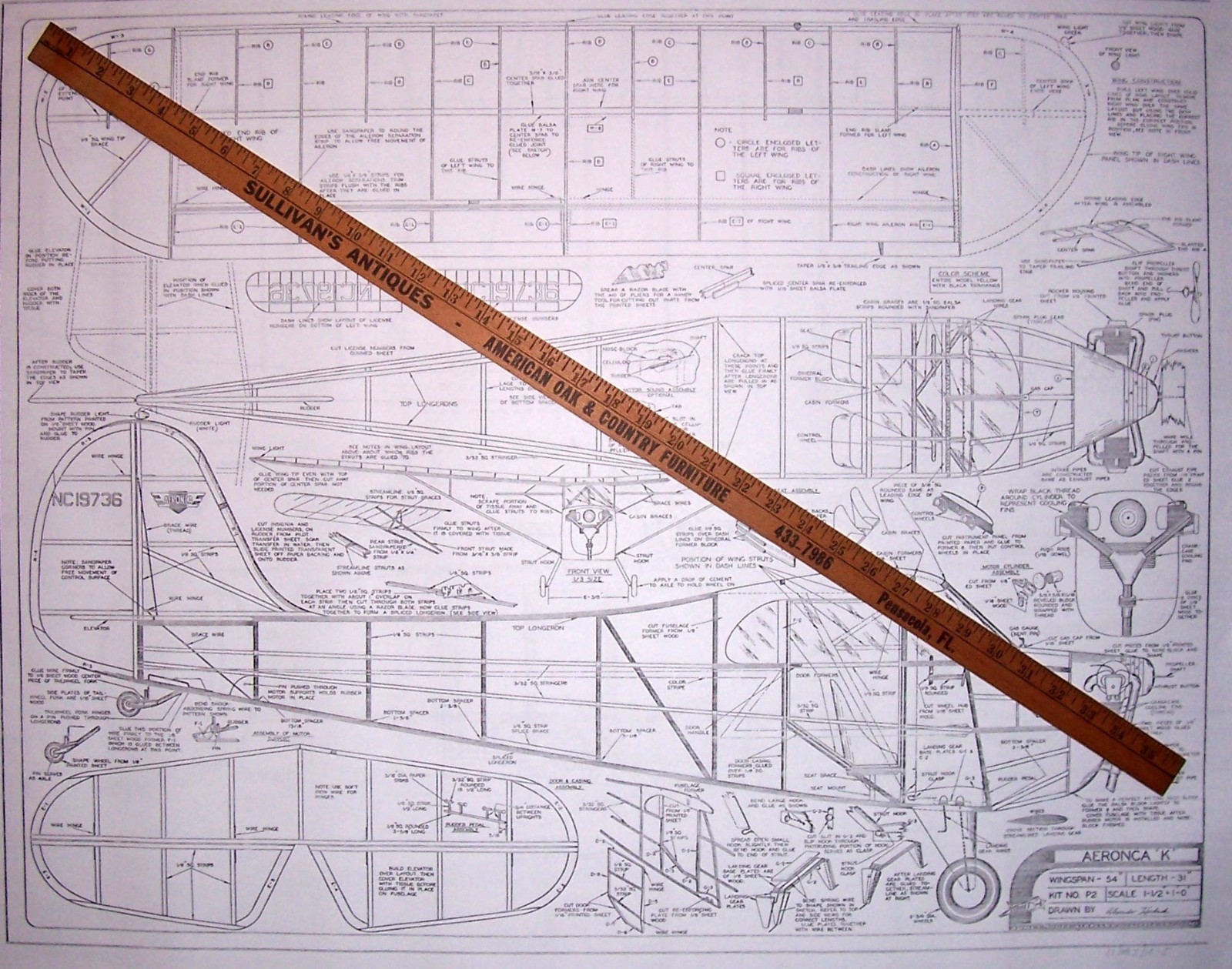 AERONCA "K" PLAN + PARTS PATTERNS for a COMET 54" Scale FF or RC Model Airplane