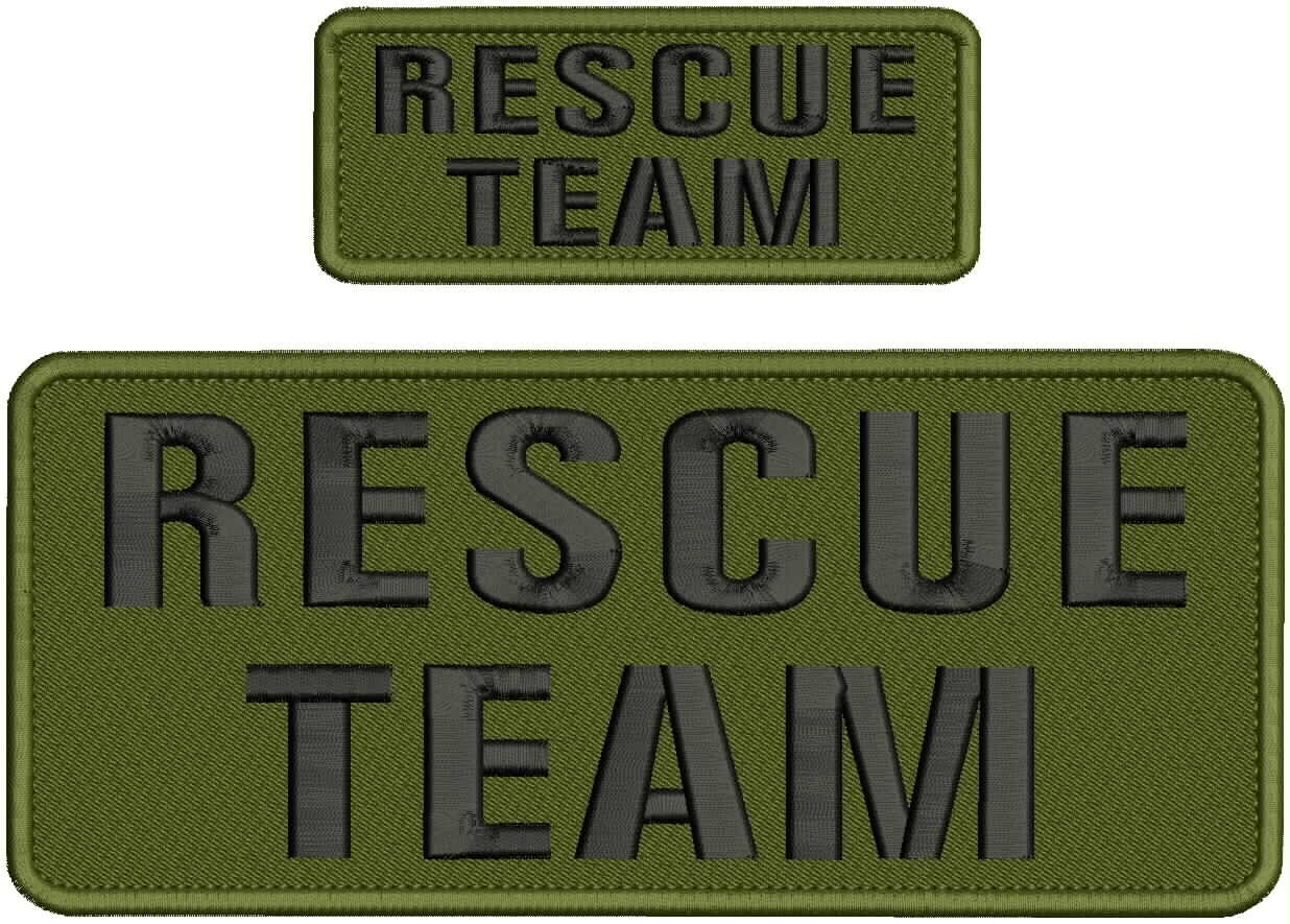 RESCUE TEAM EMBROIDERY PATCH 4X10 AND 2X5 HOOK ON  BACK  BLACK ON OD GREEN