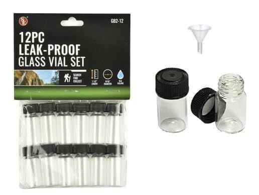 Sluice Monkey (12 Small Mini 1-3/8" Glass VIALS Bottle & Funnel for Your Gold PA