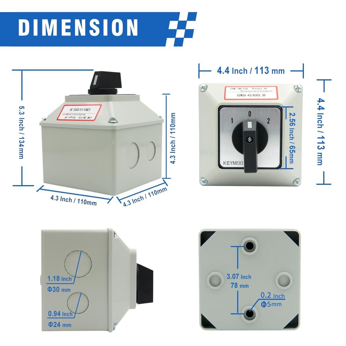 40A Rotary Changeover Switch IP65 3 Position 3 Phase Selector Switch Box Kit