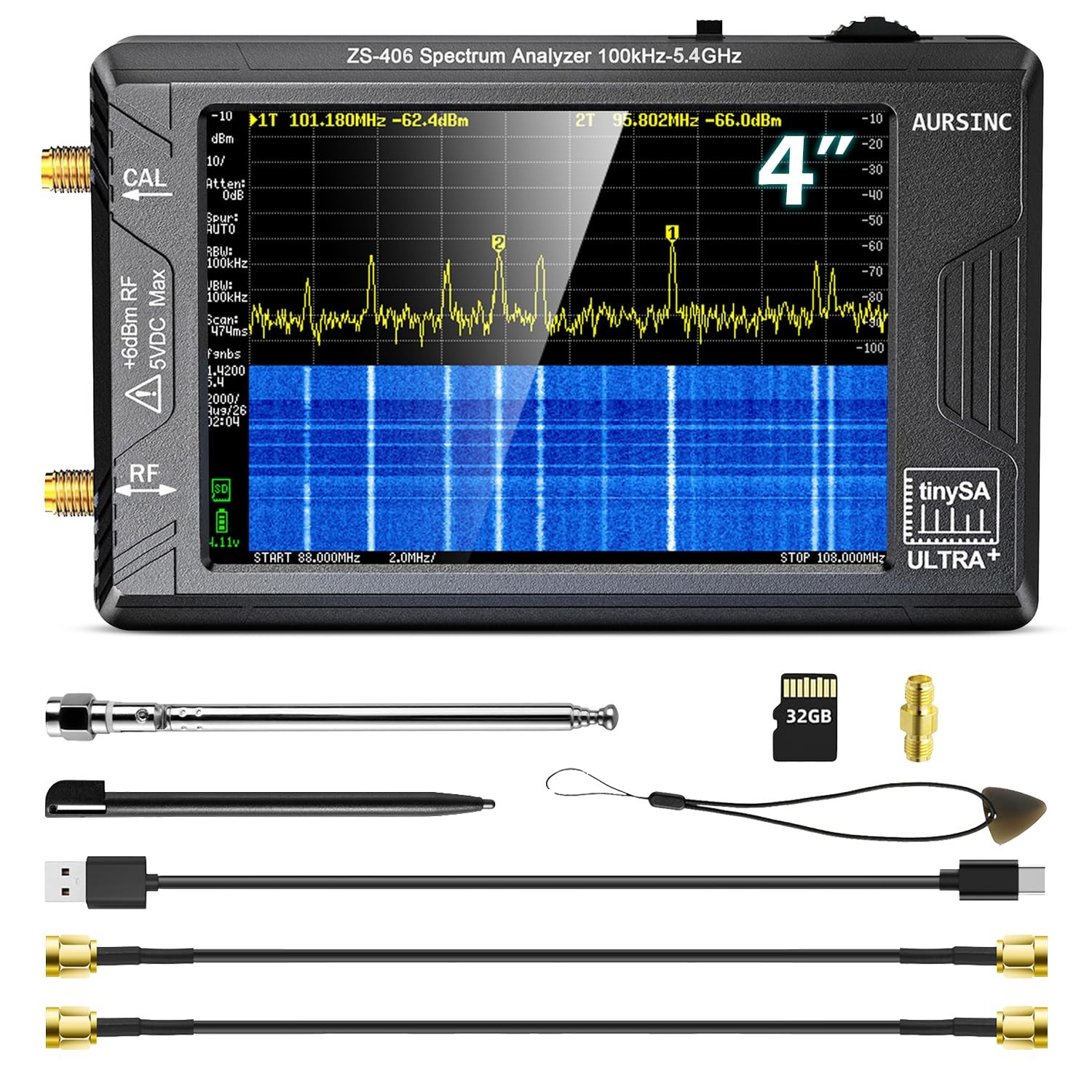 AURSINC TinySA Ultra+ ZS406 Spectrum Analyzer, 4.0" Touchscreen 100kHz5.4GHz ...