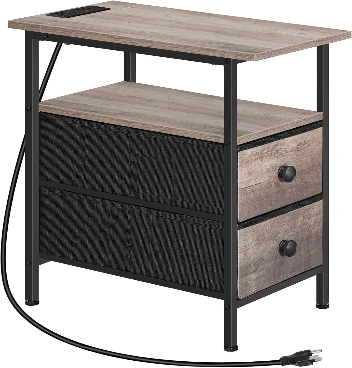 End Table with Charging Station Narrow Side Table Nightstand with 2 Non-Woven