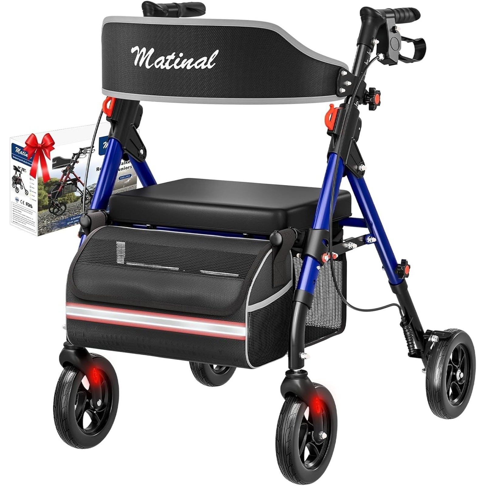 Matinal Rollator Walker Seat Adjustable Storage Bag Blue 8" Wheels