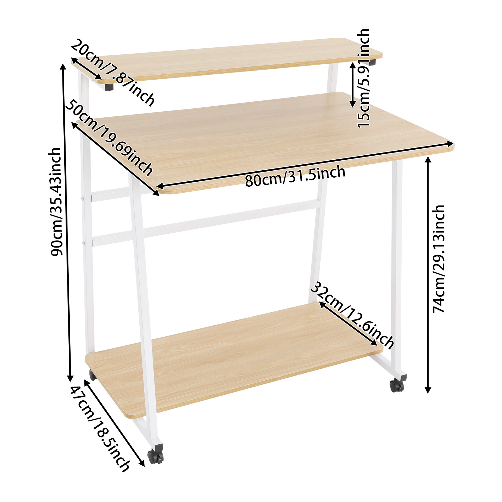 3-tier Computer Desk, Home Office Desk, Rolling Computer Desk, White, Log Color