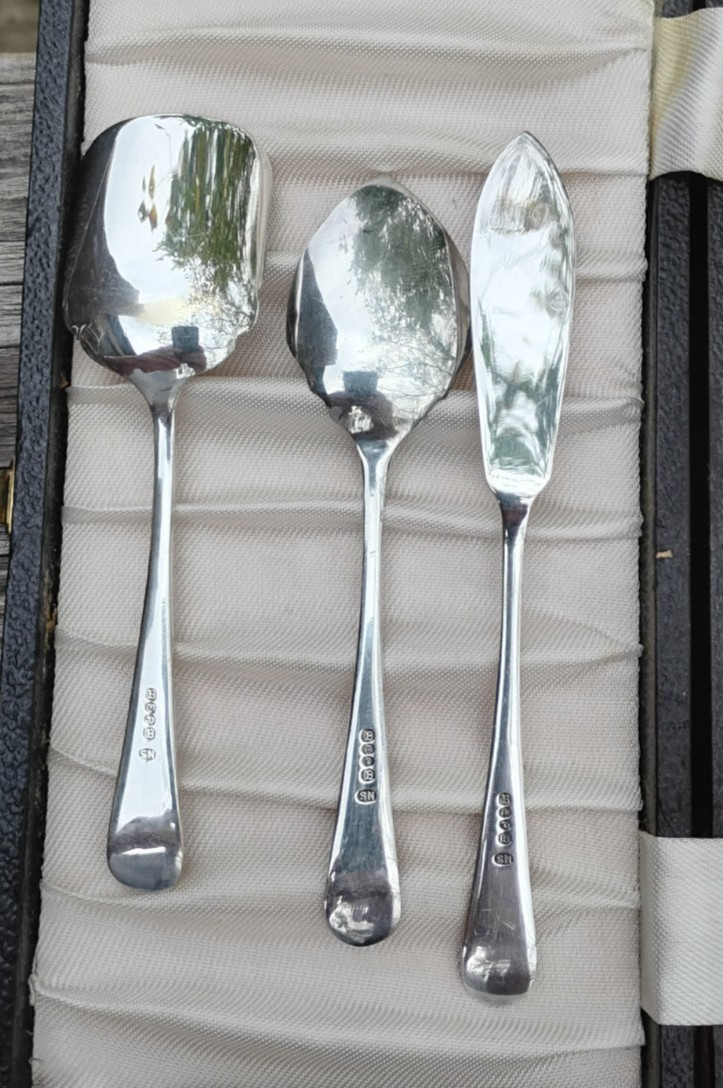 Sweet Antique 19th C Silver Plated 3-pc Dessert Serving Set Storage Case