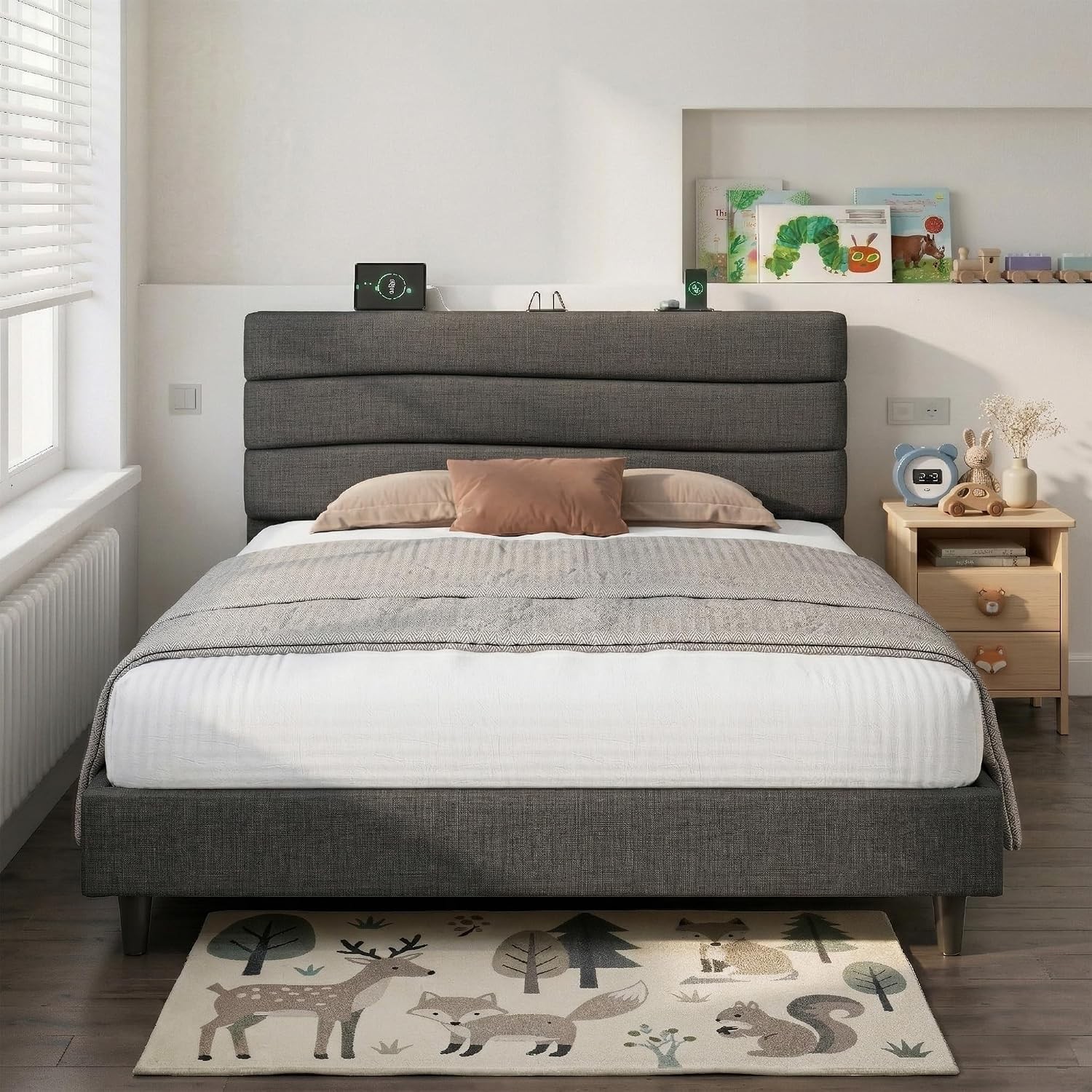 Twin Size Bed Frame W/ Adjustable Height Headboard Noise-Free Upholstered