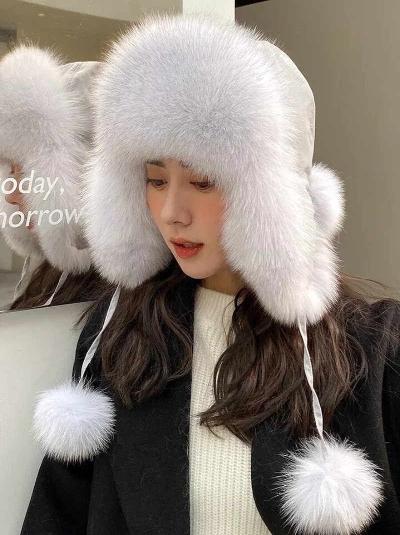 Women's Real Fox Fur Hat Russian Ushanka Hat Winter Aviator Trapper Cap Earlaps