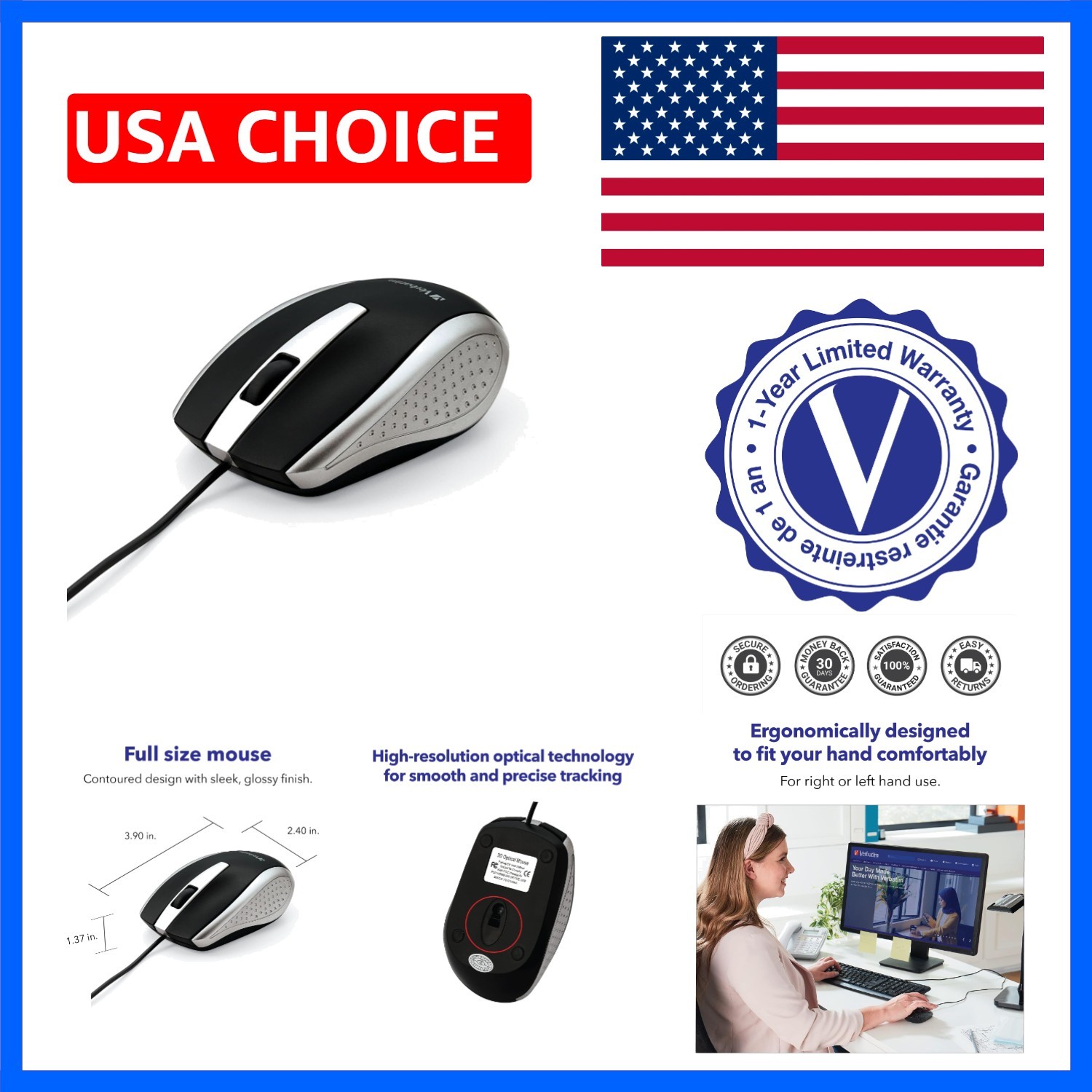 Wired USB Computer Mouse - Corded USB Mouse for Laptops and PCs - Right or Le...