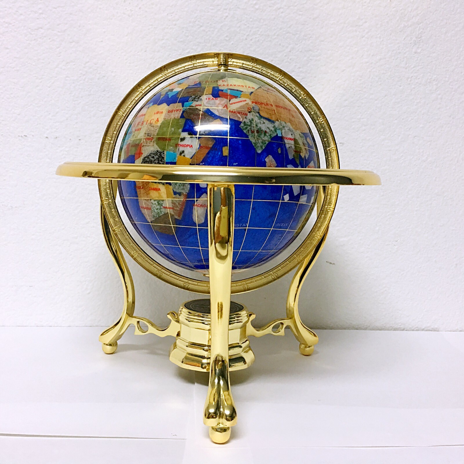 10" Tall Table Top Blue Pearl Swirl Ocean Gemstone World Globe Tripod Gold