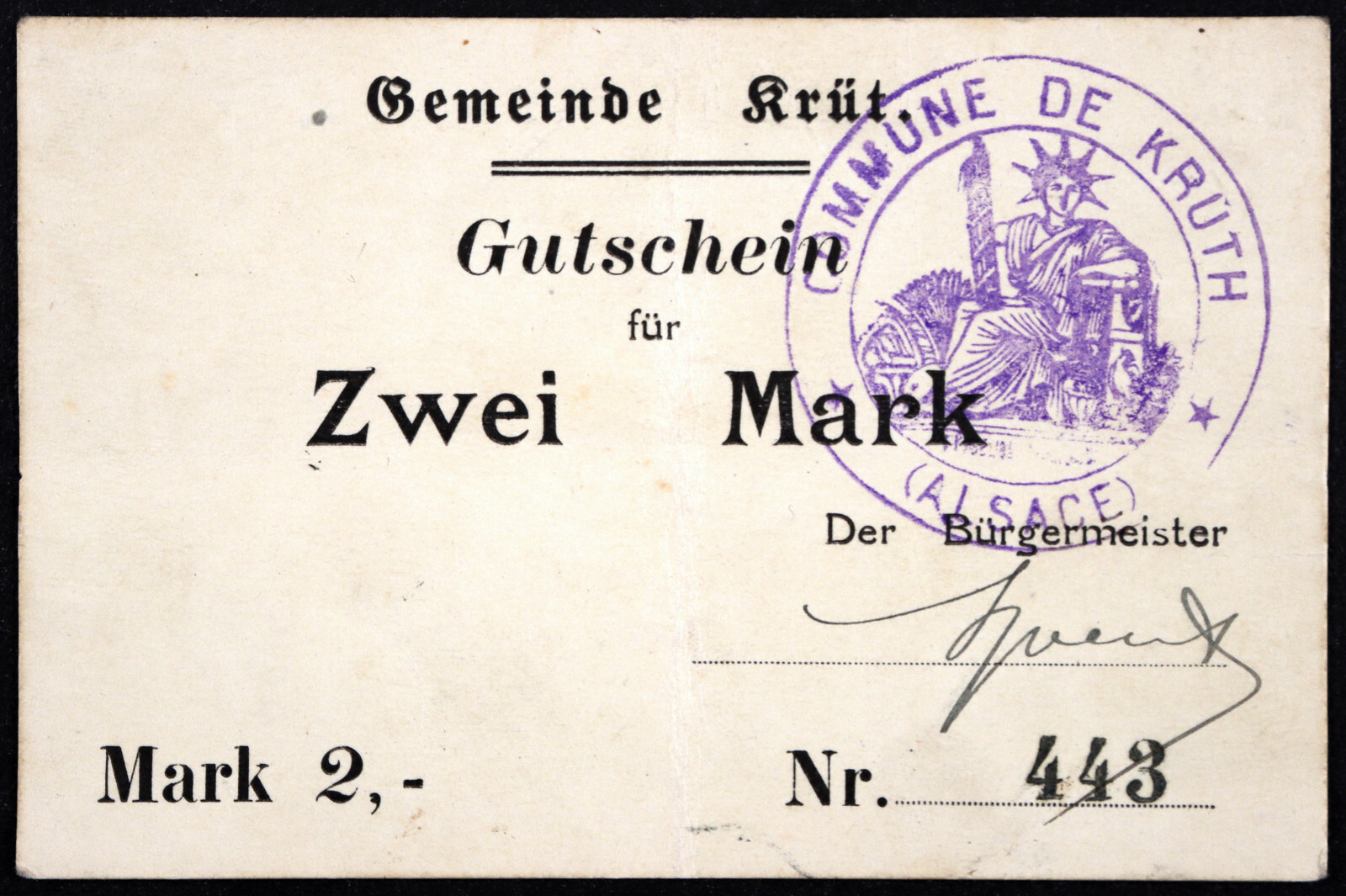 KRÜT / KRUTH 1914 2 Mark Early WWI German Notgeld France Alsace Elsass