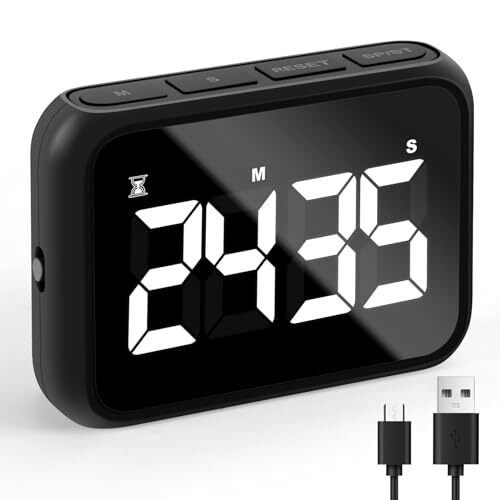 USB Rechargeable Loud Digital Kitchen Timer with Large LCD Display & Black