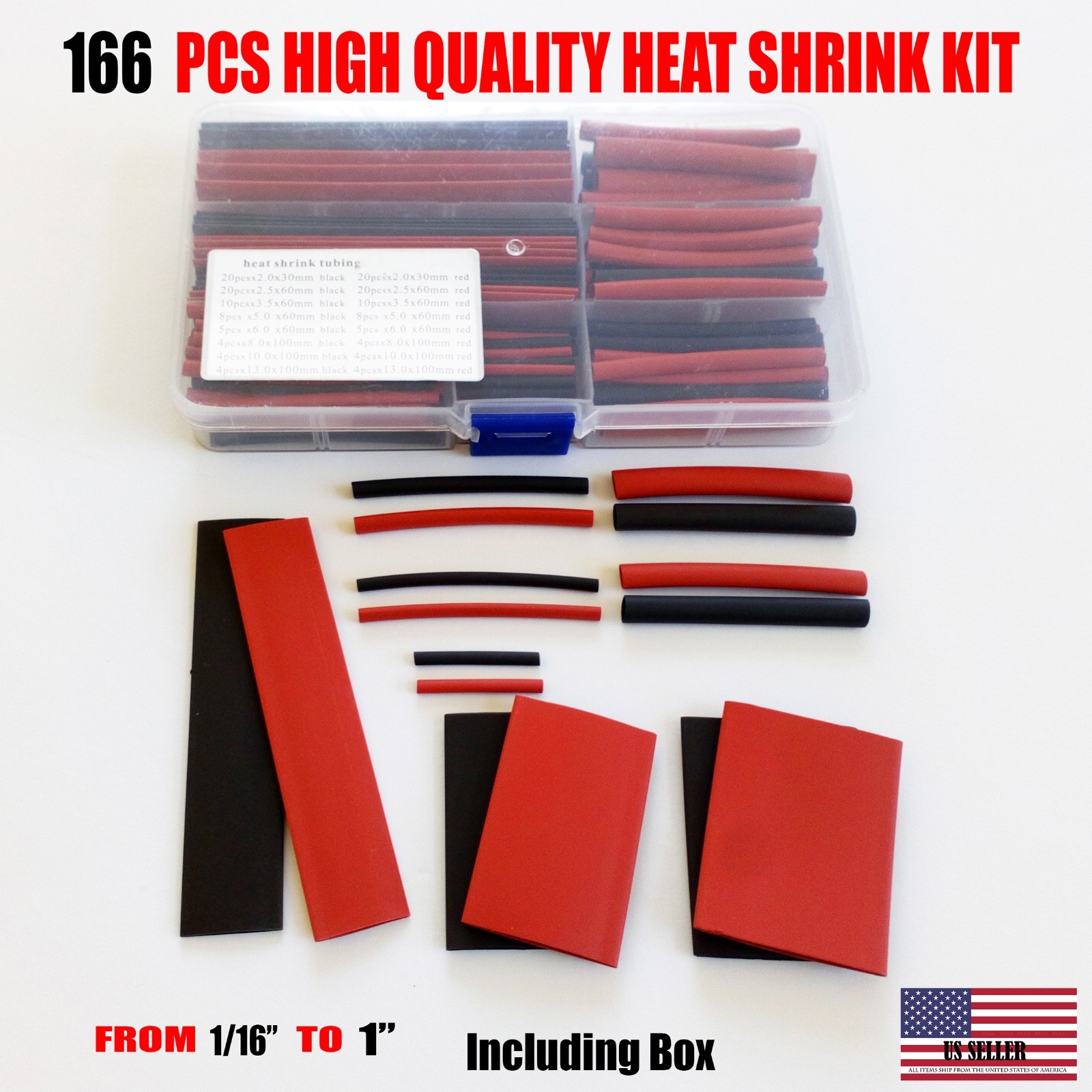 166 PCS Cable Heat Shrink Tubing Sleeve Wire Wrap 2:1 Assortment Kit Box Set