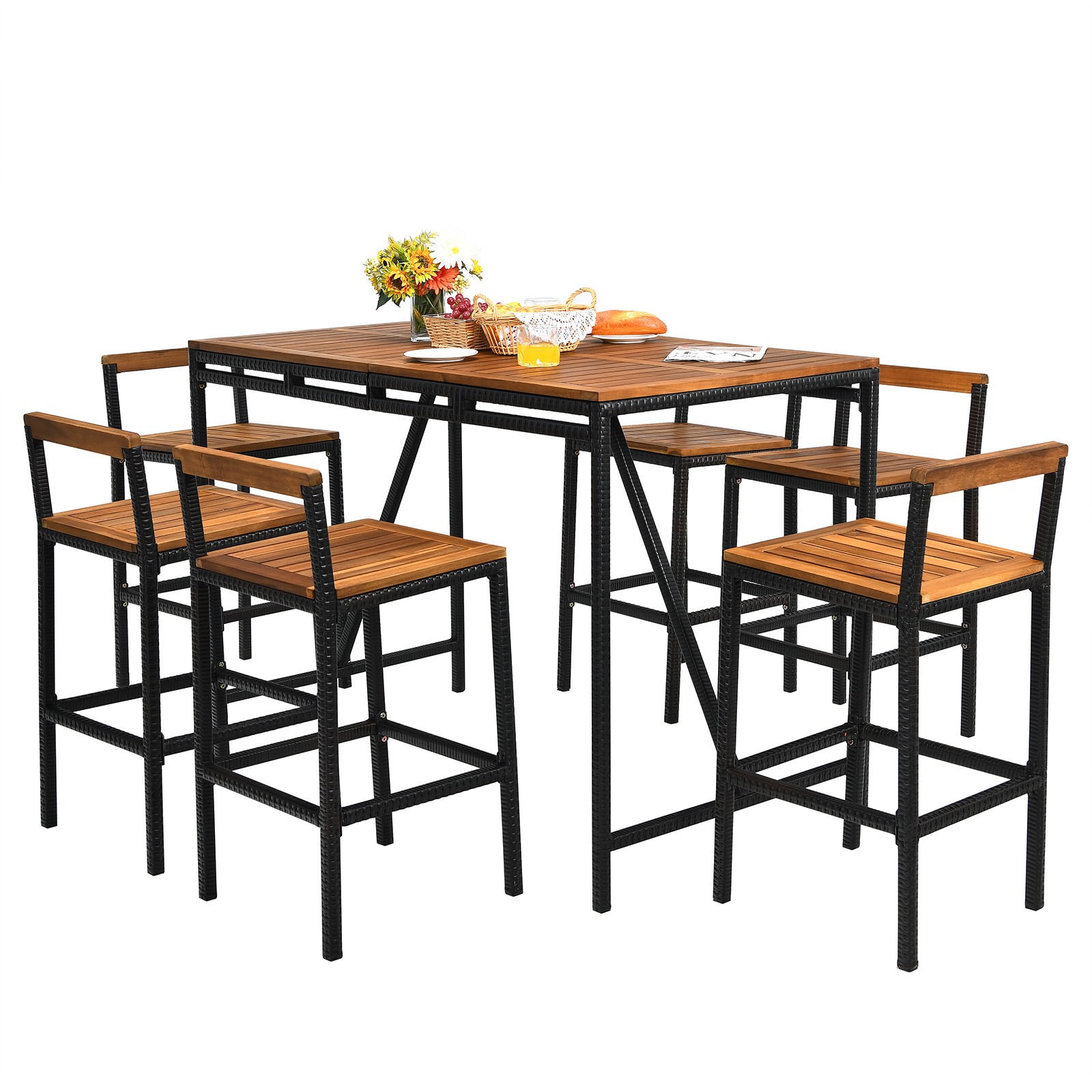 Patiojoy 7PCS Patio Rattan Bar Set with Umbrella Hole Wood High-Dining Bistro