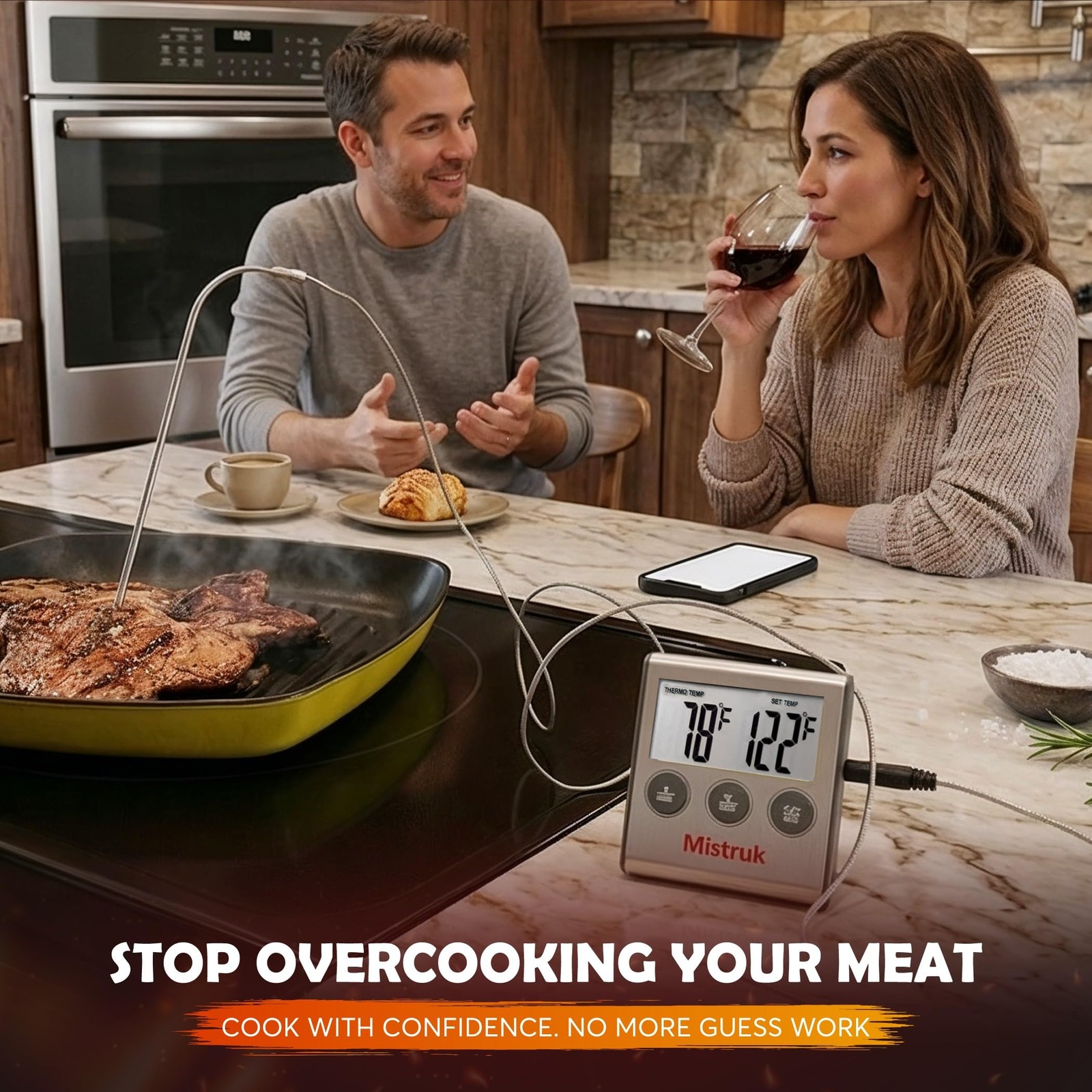 Digital Thermometer for Cooking with Stainless Steel Probe & Timer Alert – Ac...