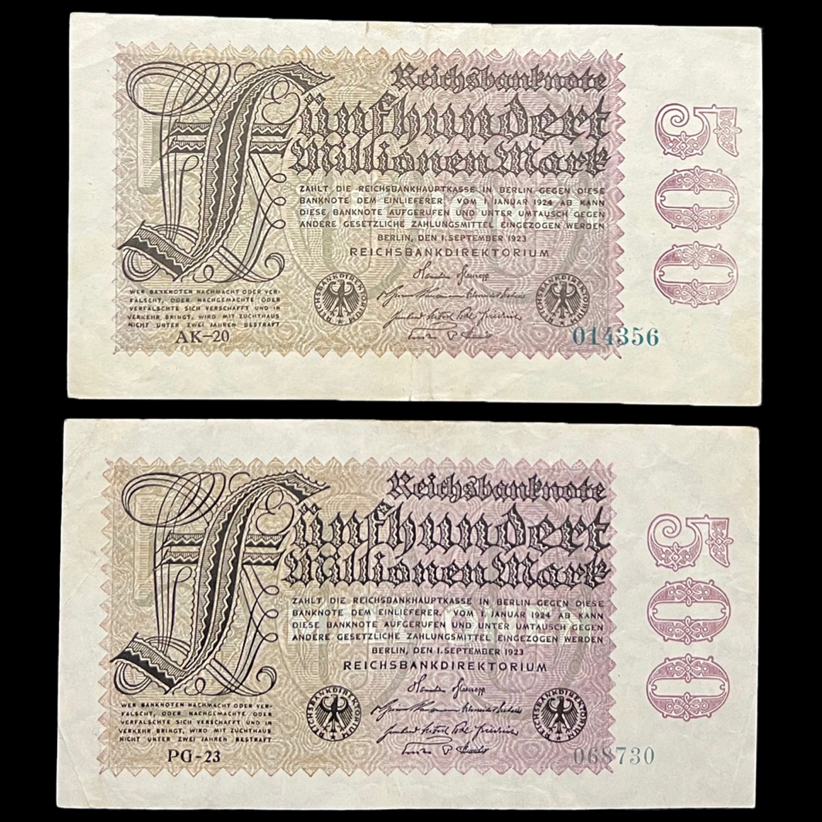 2x 1923 Germany 500 Million Mark post WWI WW1 Banknote Money Kaiser Hitler Reich