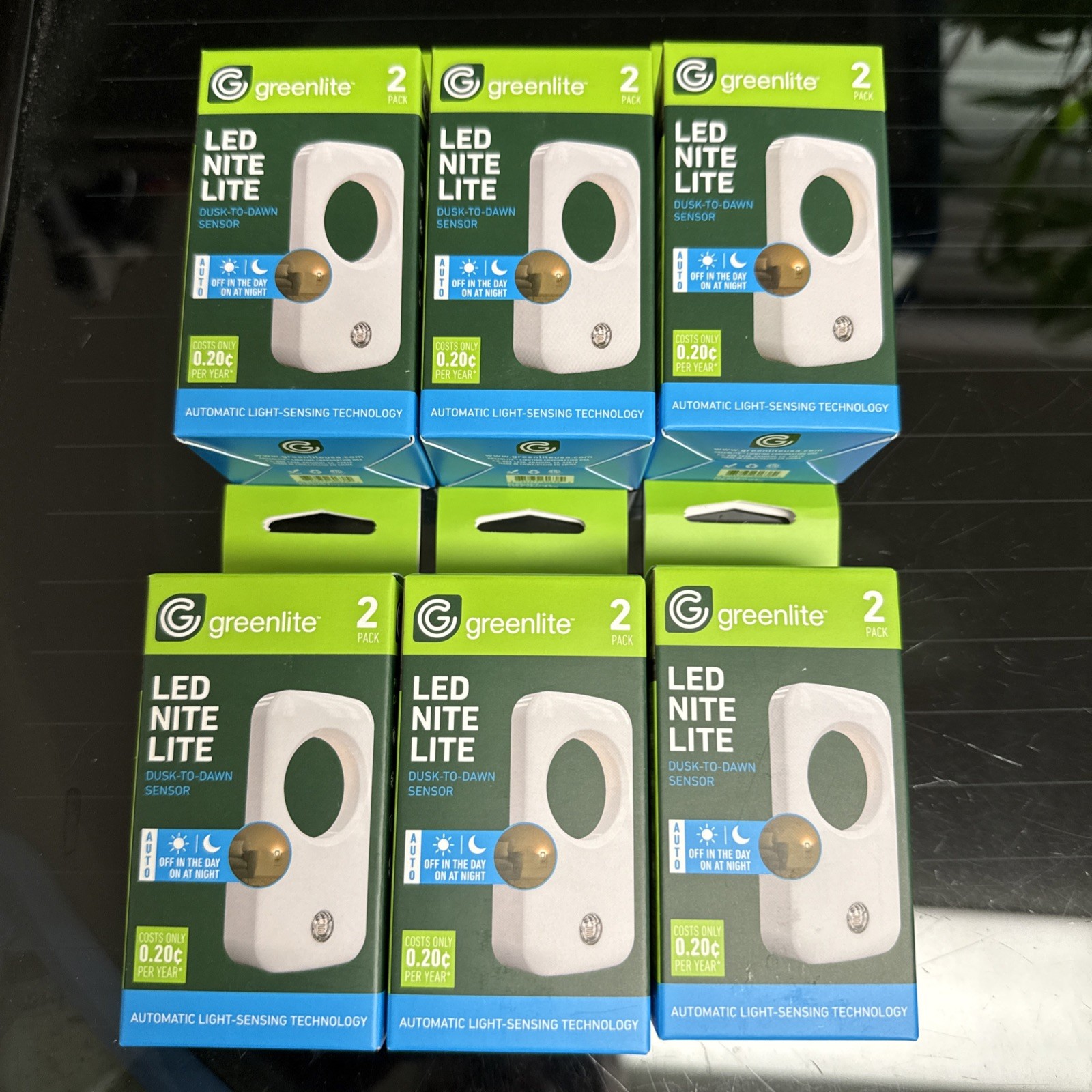 6 Box Lot (2 In Each Box) Greenlite LED Nite Lite Dusk To Dawn Sensor Plug-In