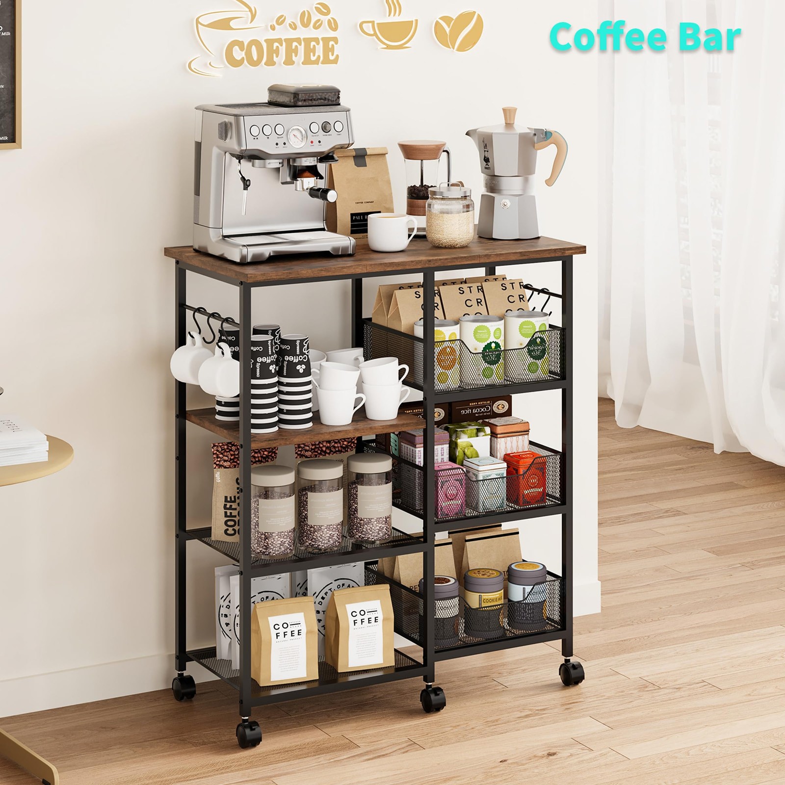 Rolling Kitchen Carts with Storage - Microwave Table Stand with 6 Hooks & 3 B...