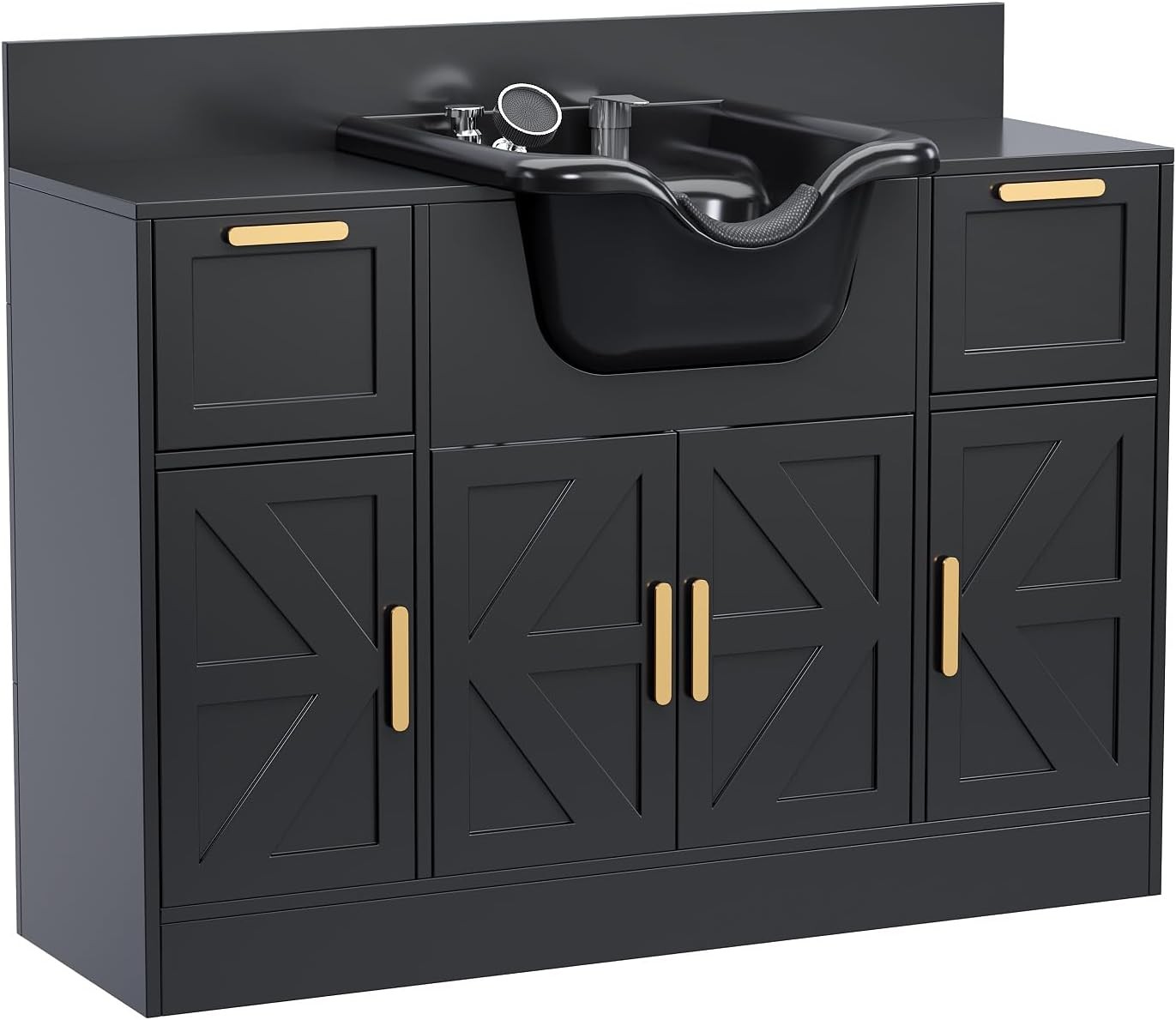 Salon Shampoo Bowl Station, Freestanding with Sprayer Faucet, Storage Cabinet