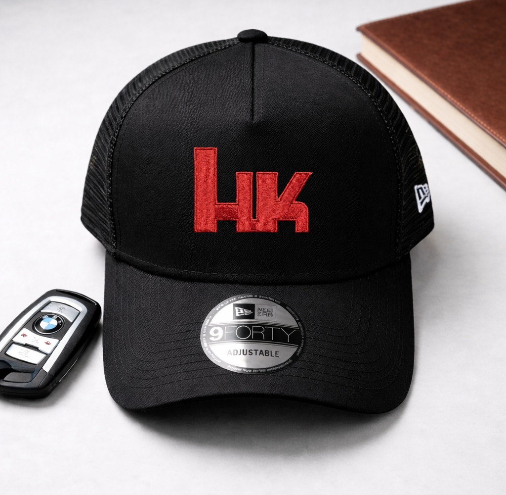 HK Letter Logo Embroidered 9FORTY Mesh Trucker Hat Adjustable Cap