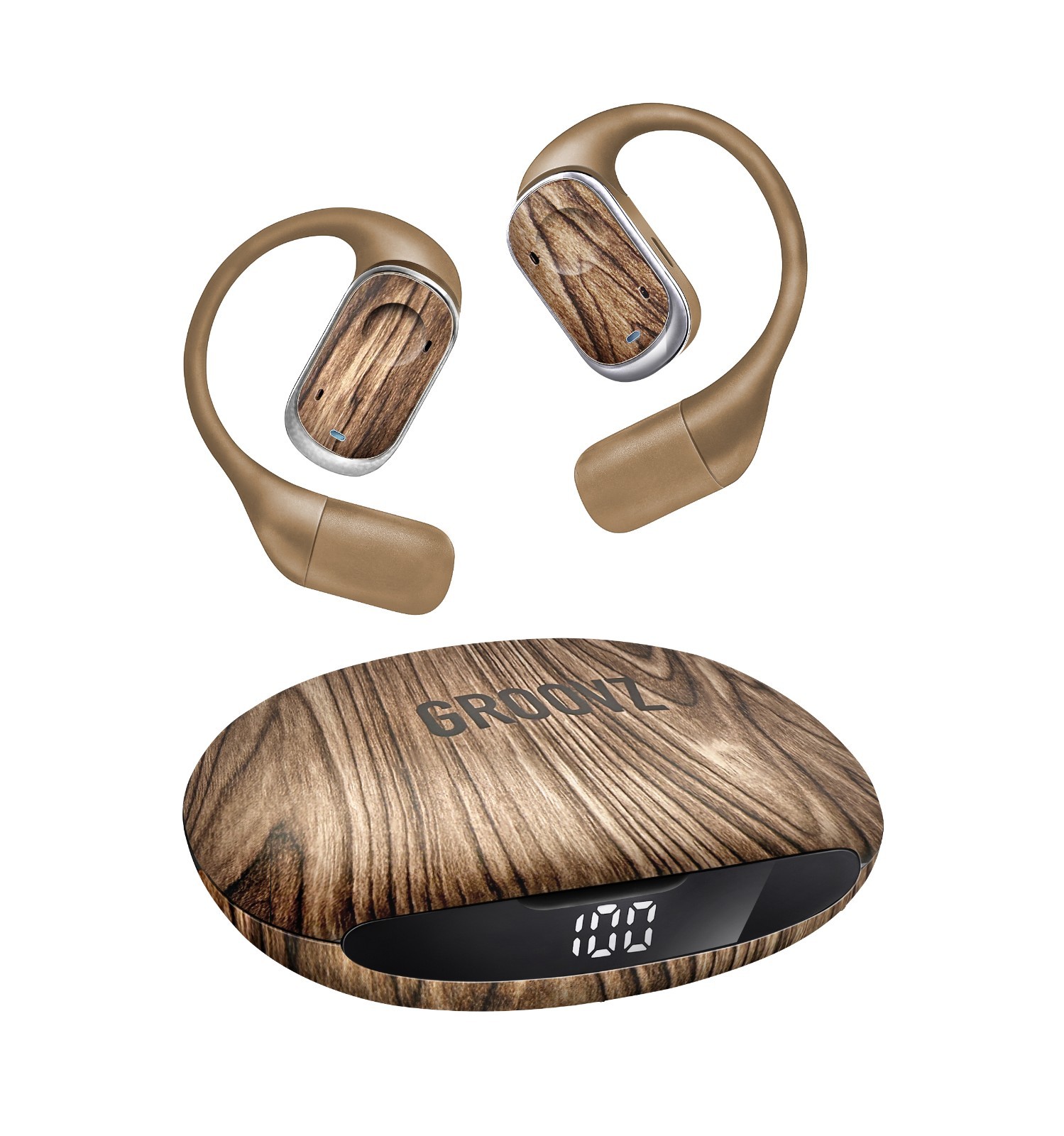 GROOVZ Open-Ear True Wireless Bluetooth Headphones Charging Case - WOODGRAIN