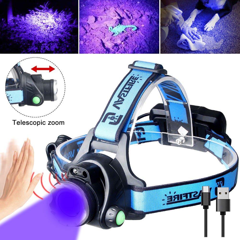 USB Rechargeable Ultraviolet Light LED Headlamp 395nm UV Black Light Head Torch