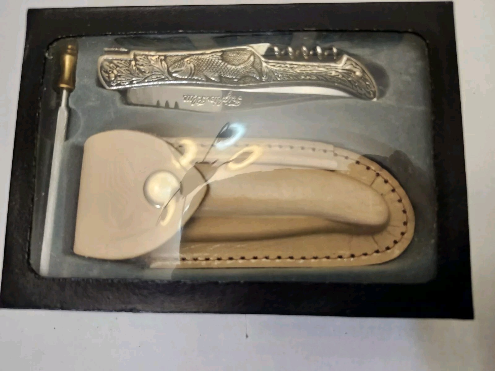 NEW Pakistan FISH Fighter Plus Folding Steel Blade Knife +Tan Case + Honing Rod