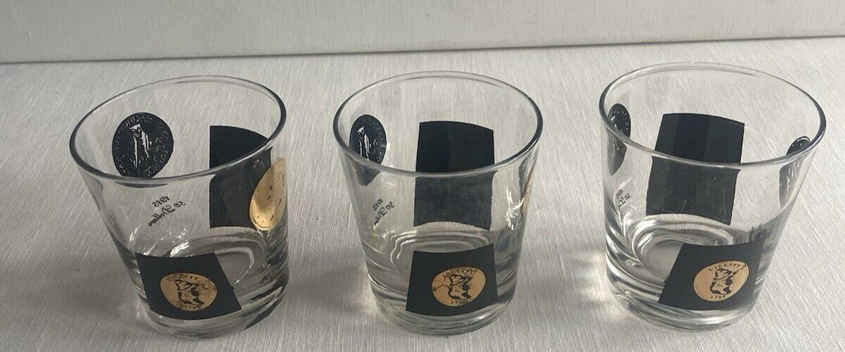 3 Lot Vtg MCM Black Gold Coin Rocks Cocktail 6oz Glass Double Shot Low Ball Bar