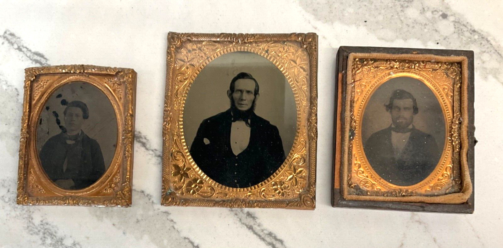 Antique 3 Small Brass Glass Portraits #148