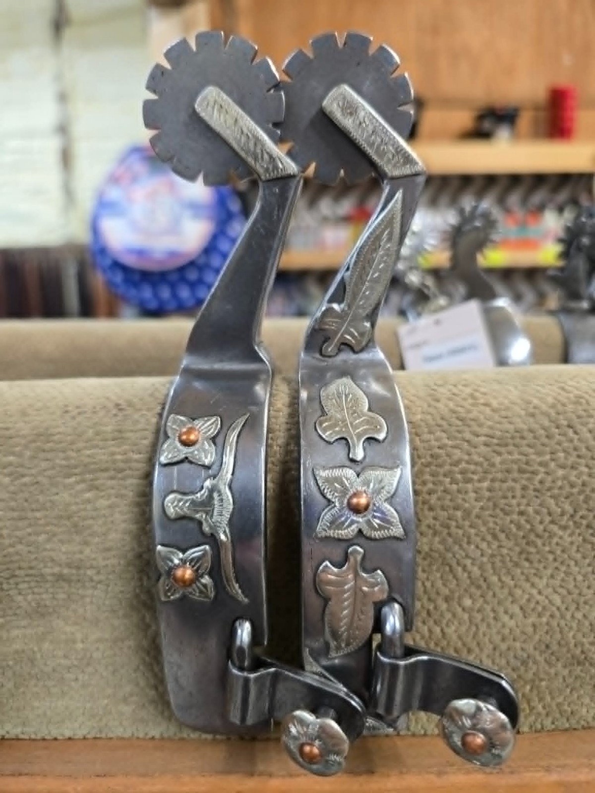 Double Mounted Longhorn Floral Long Horn Western Spurs