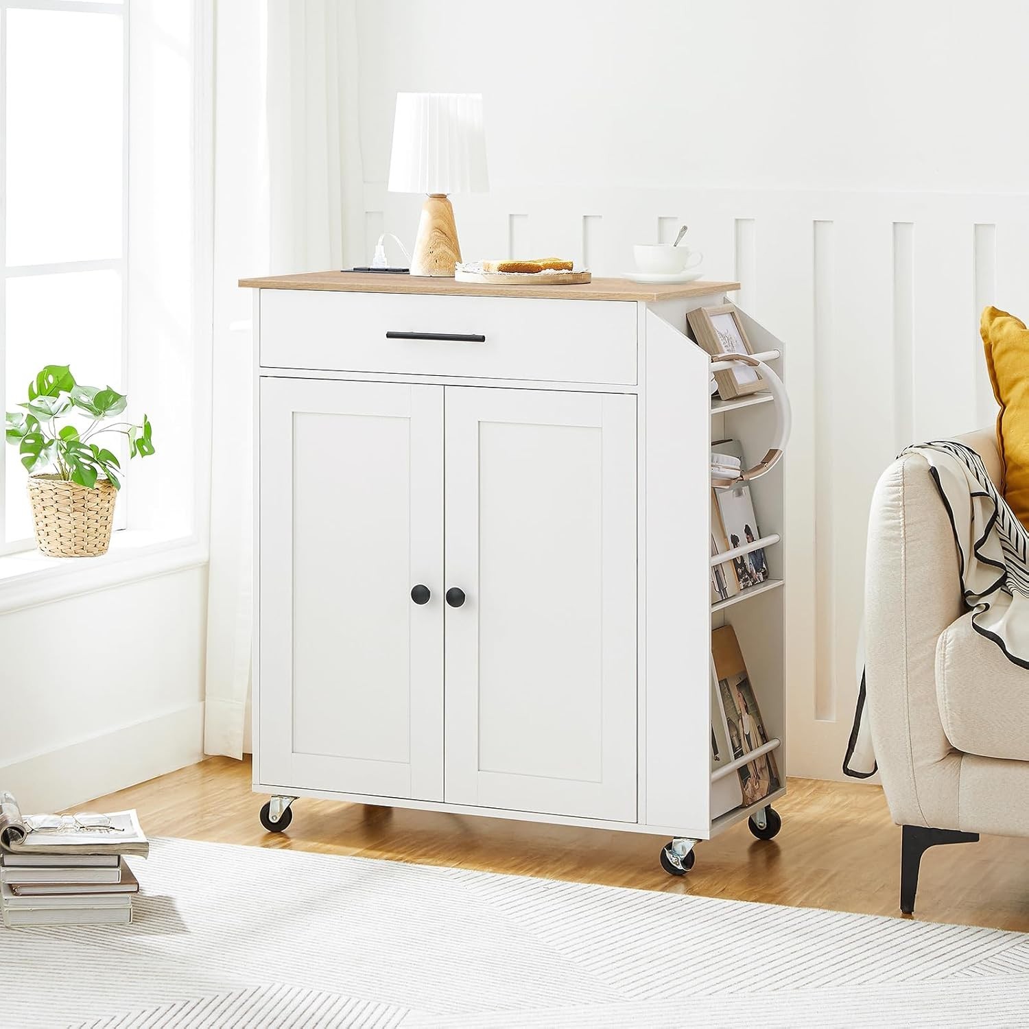 Kitchen Island with Power Outlet Storage Cart Rolling Spice Rack Modern White