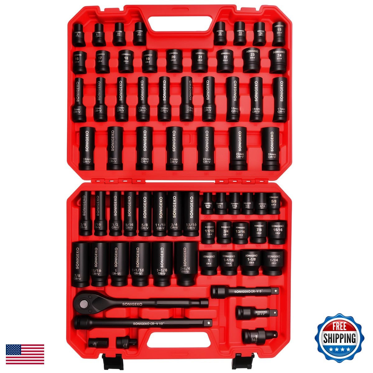 SONIGEKO 70-Piece 1/2" Drive Impact Socket Set, SAE 5/16"-1-1/4" & Metric