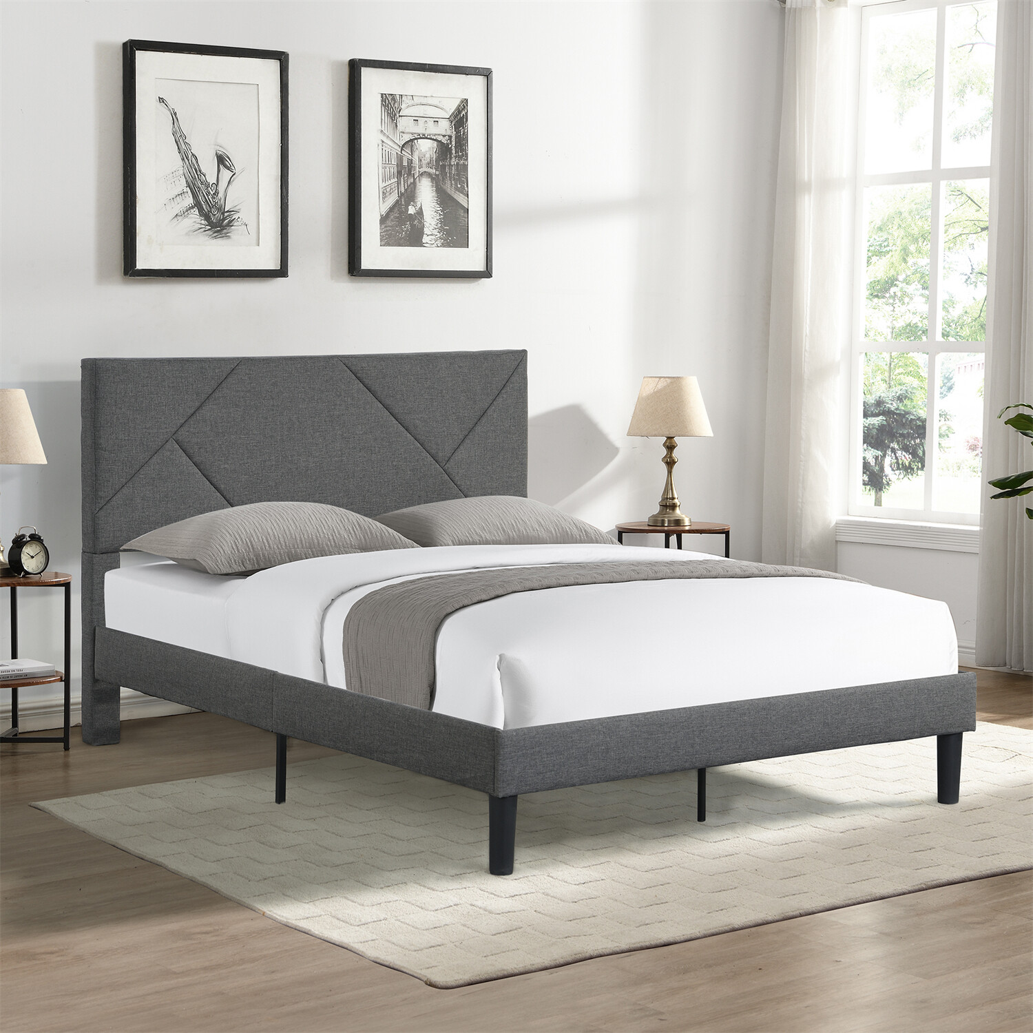 Queen Size Bed Frame Upholstered Platform Bed Frame w/ Upholstered Headboard US