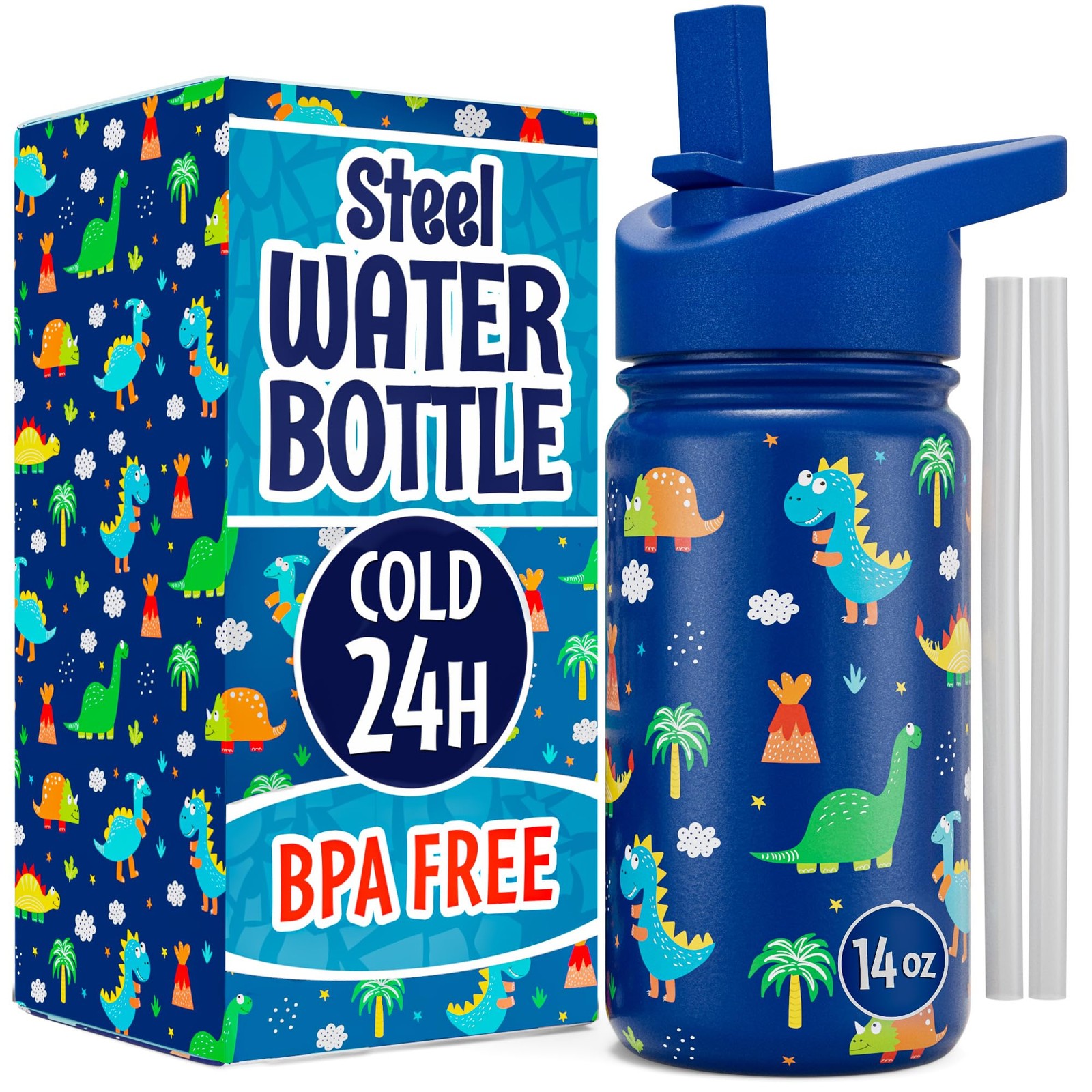 Stainless Steel 14 OZ Kids Water Bottle with Straw | BPA-Free Insulated Water Bo