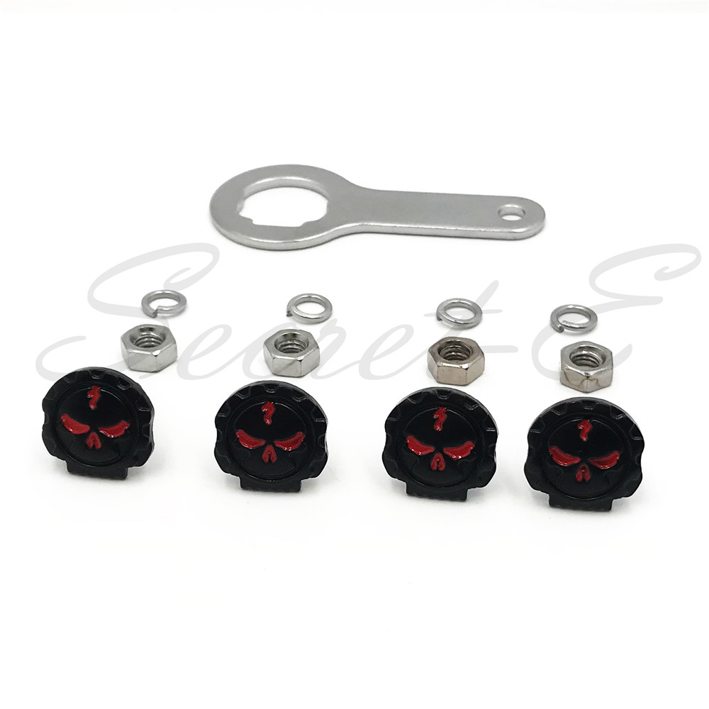 Gear Skull License Plate Mount Hardware Wrench Lockwasher Nut 1/4" Screw Black