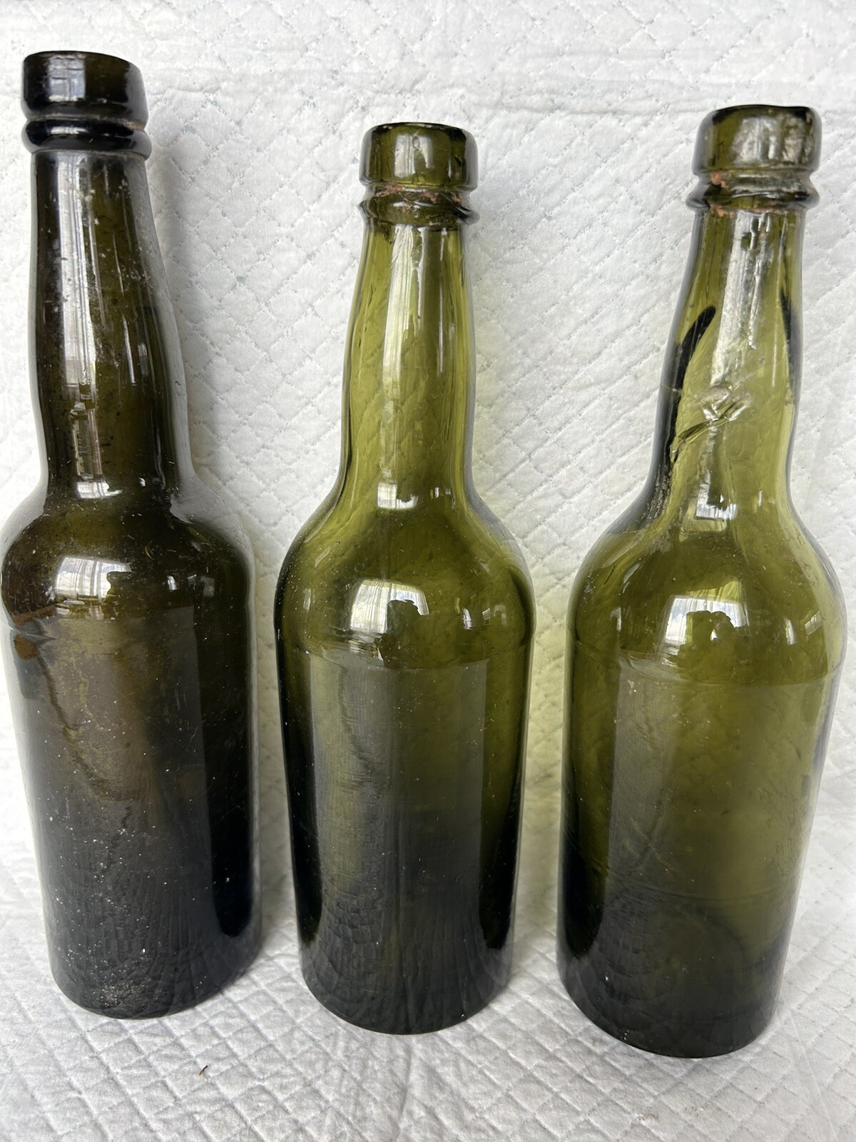 Lot of 3 Antique Crudely Made Unmarked Dark Olive Green Bottles W/ Applied Tops