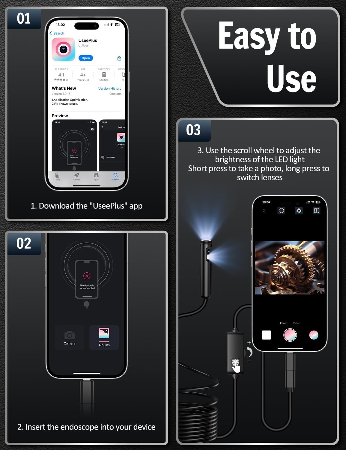 Dual Lens Endoscopes Camera 1920P HD Borescope with 8 LED Lights for iOS/Android
