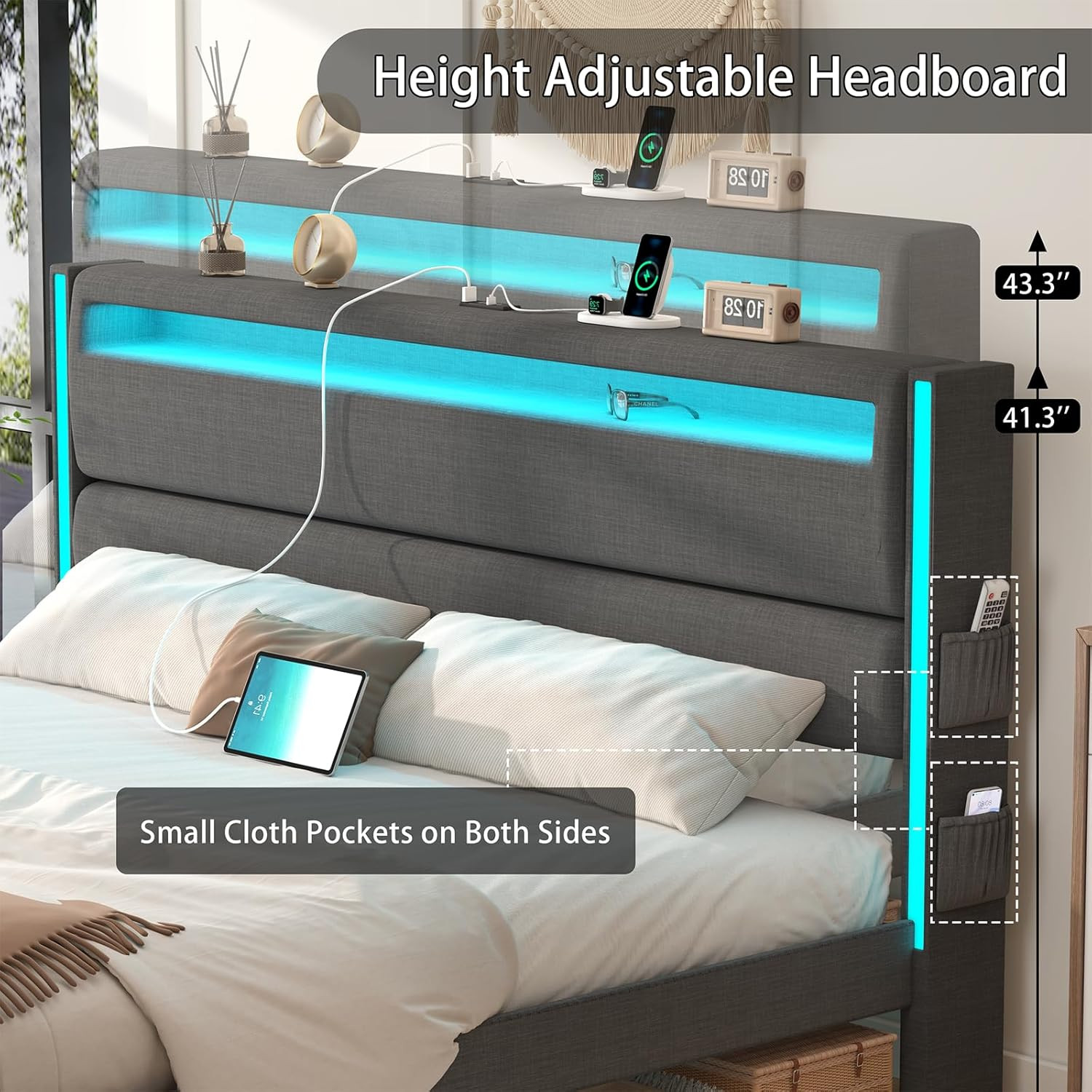 King Size Bed Frame and Adjustable Headboard, Light up King Size Platform Bed Fr