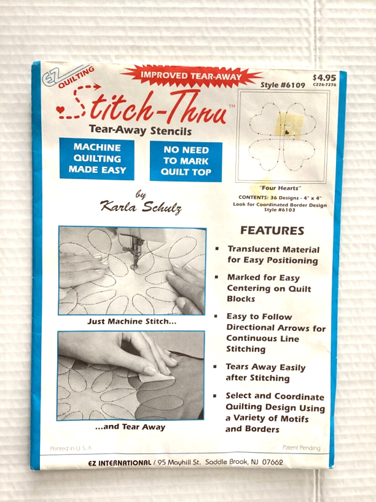 NEW EZ Quilting Stitch-Thru Tear-Away Pattern Stencils #6109 “ FOUR HEARTS”  NOS