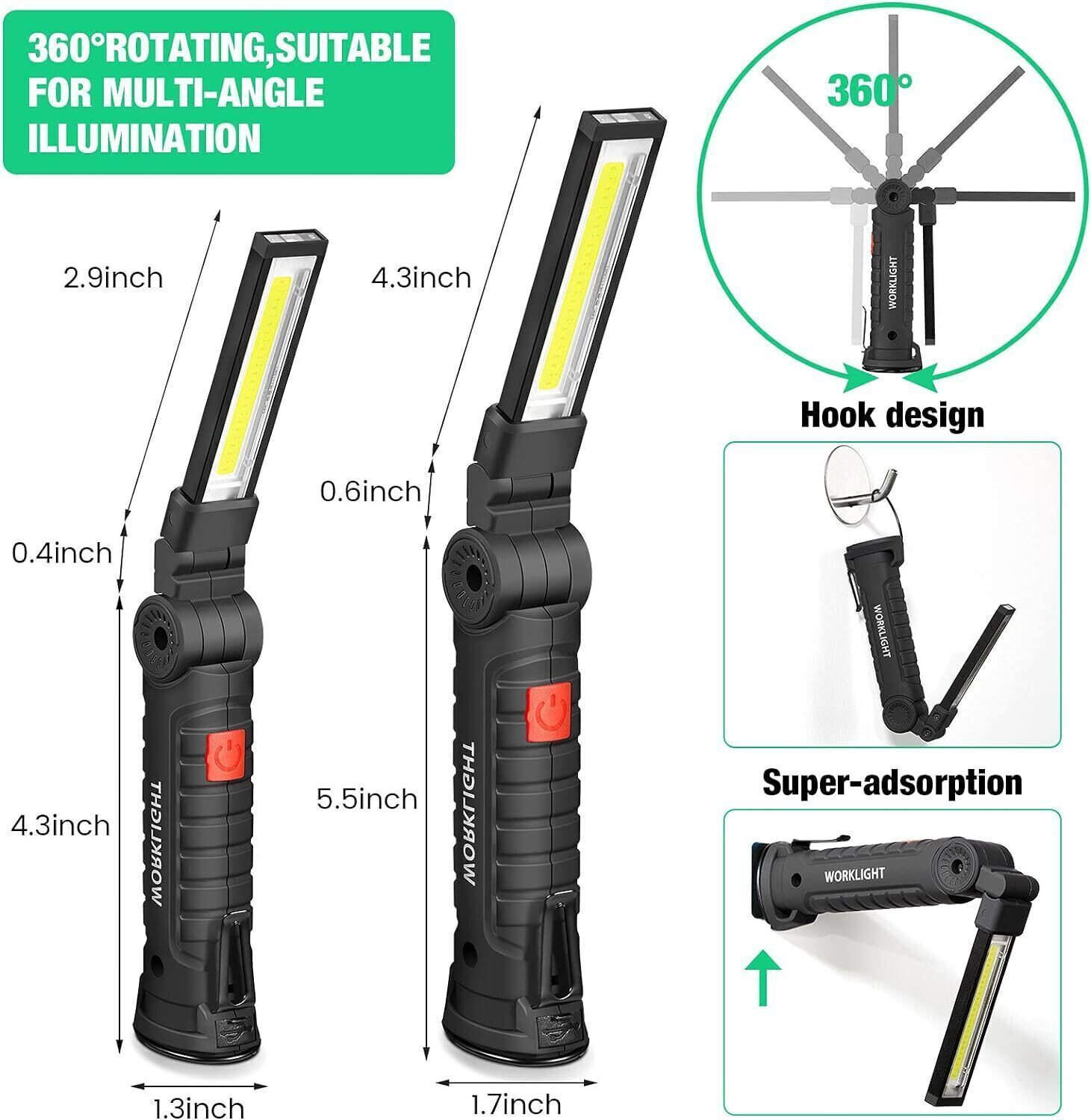 1/2/4PCS Rechargeable LED COB Work Light Mechanic Flashlight Lamp Magnetic Base