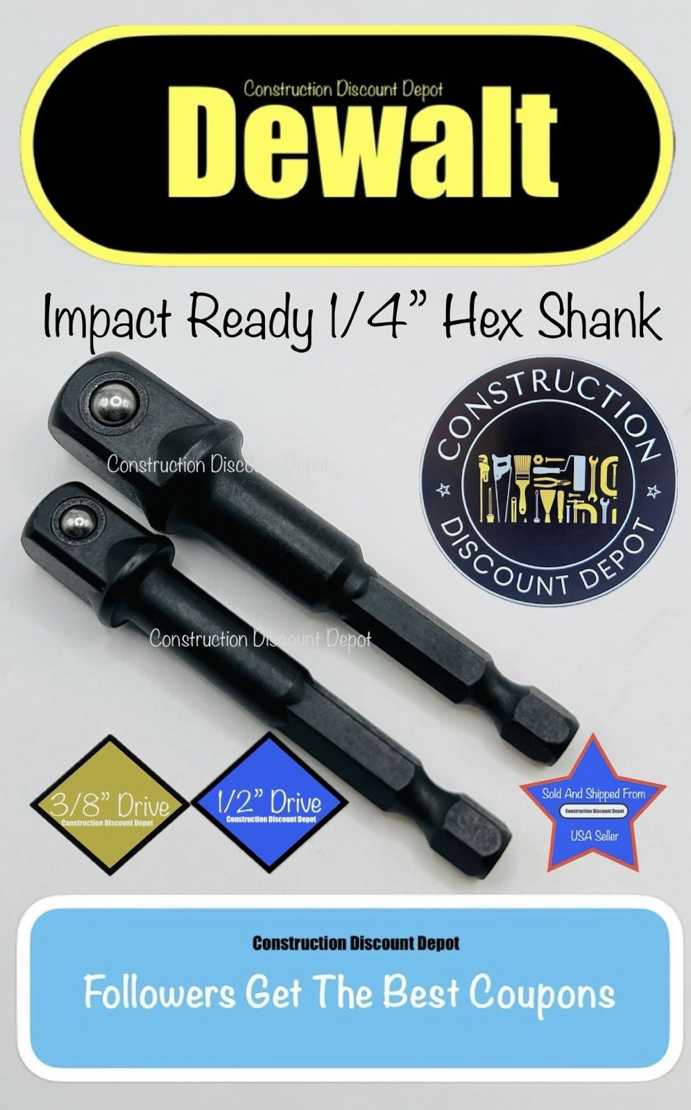 DEWALT 3/8" & 1/2" Socket Adapters 1/4" Hex Shank Impact Ready Adapter Set