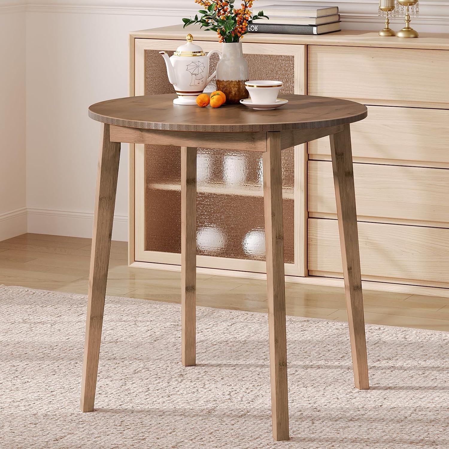 Bamboo Dining Table Round Dining Table 2 27.5" Kitchen Table Small Space Writing