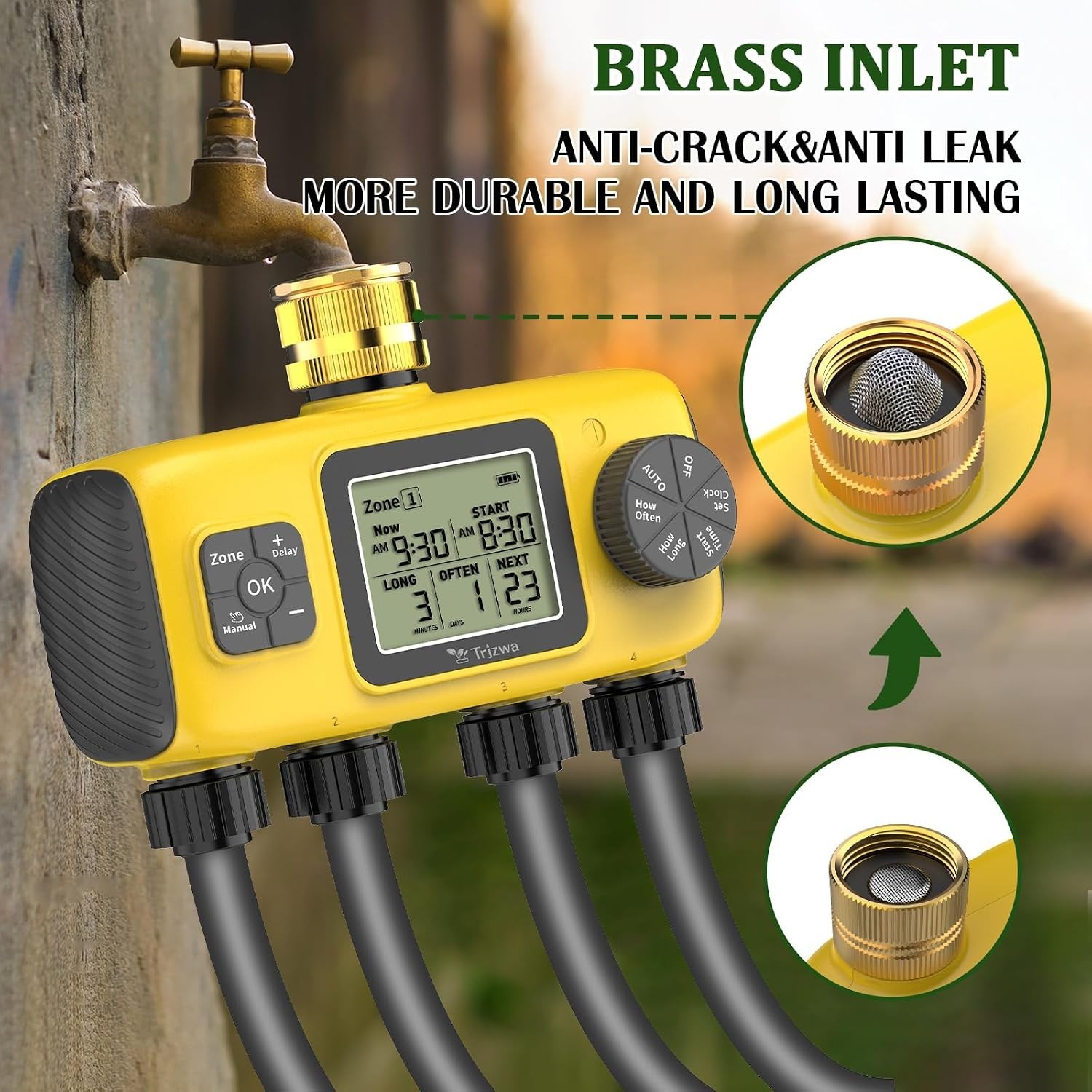 4-Zone Programmable Digital Smart Water Timer w/ Brass Inlet, Rain Delay, Anti-R